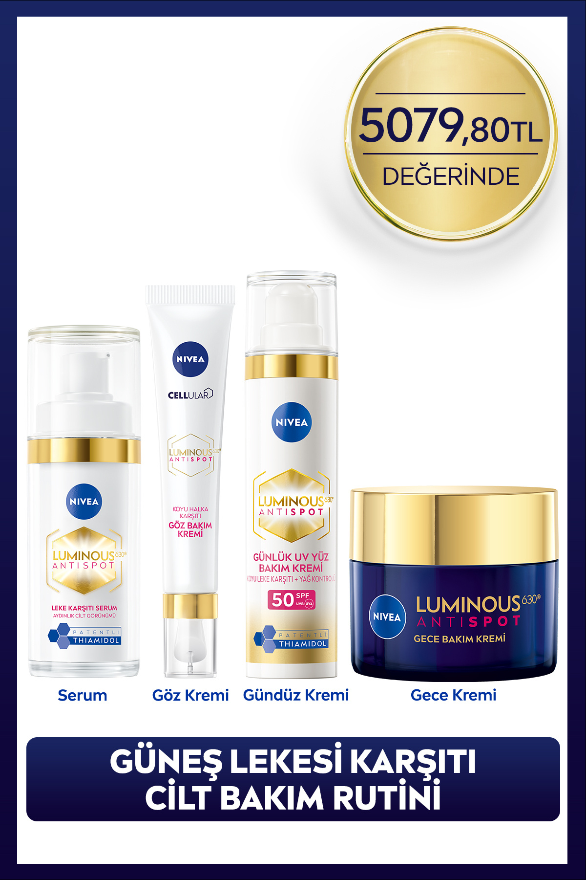 NIVEA Luminous630 Leke Karşıtı Cilt Bakım Seti, Cilt Serumu, Göz, Gündüz ve Gece Kremi, Çeyiz Seti