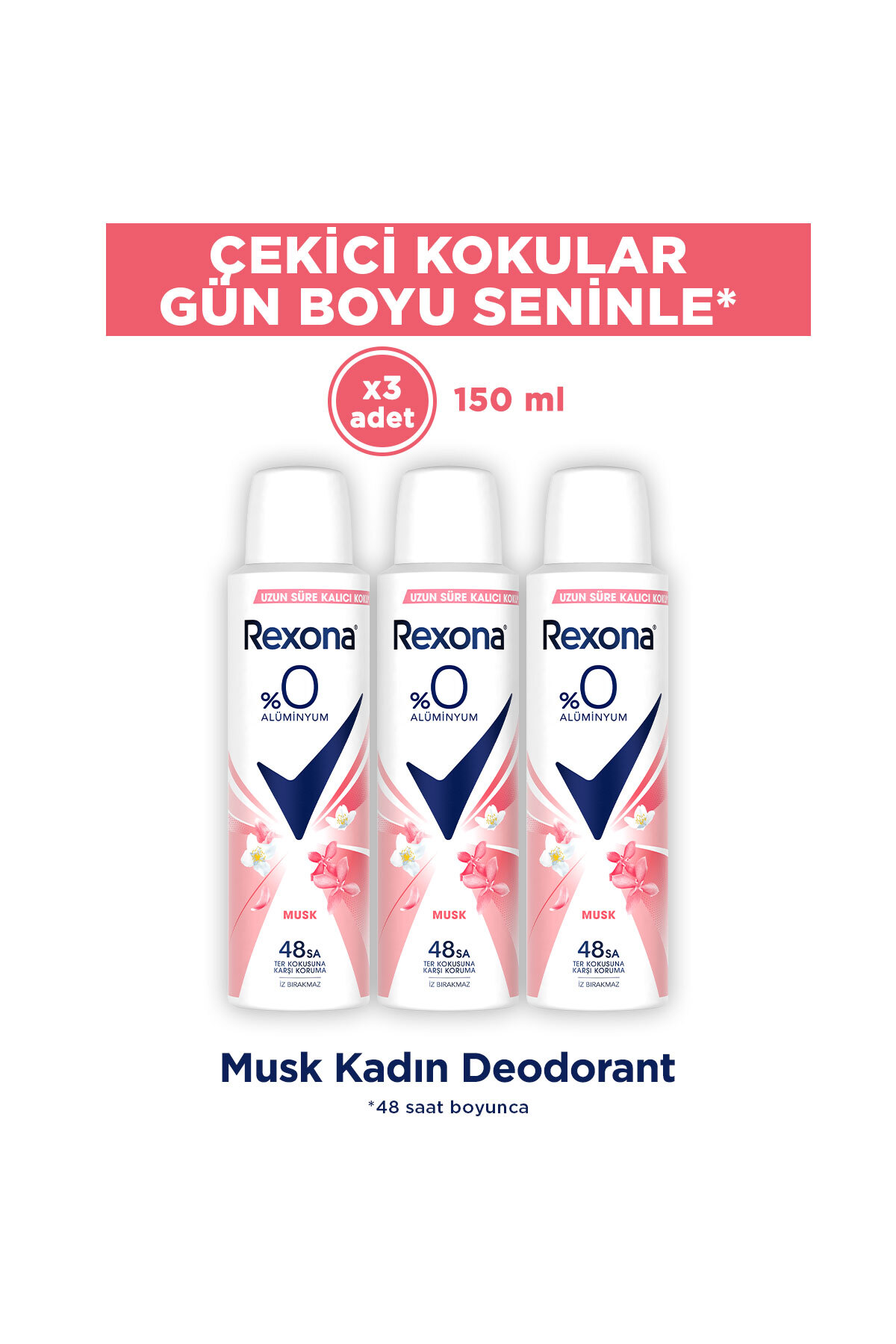Rexona Kadın Sprey Deodorant Musk %0 Alüminyum 48 Saat Ter Kokusuna Karşı Koruma 150 ml X3