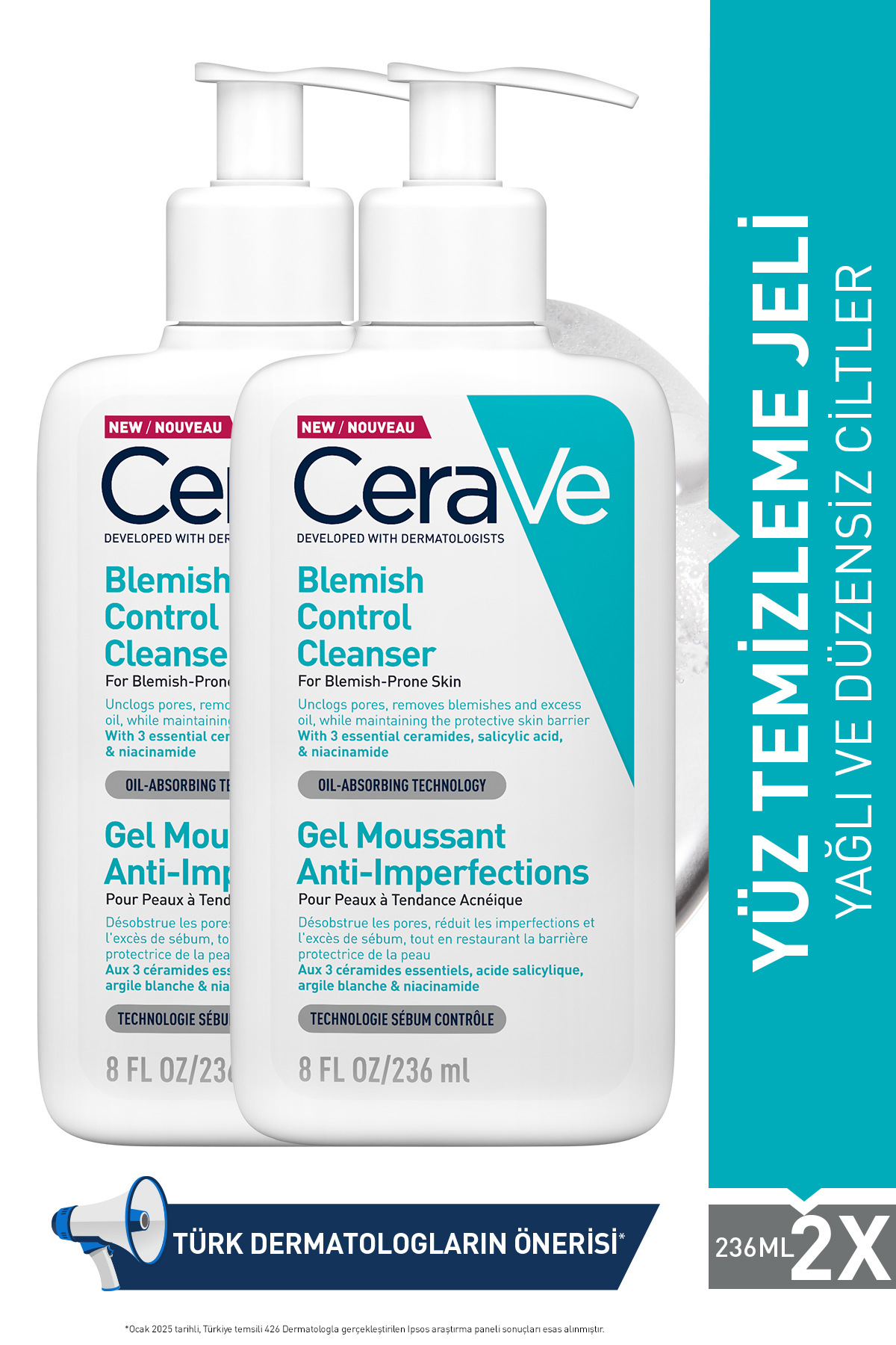 CeraVe YAĞLI & AKNEYE EĞİLİM GÖSTEREN CİLTLERE ÖZEL SALİSİLİK ASİT İÇERİKLİ YÜZ TEMİZLEME JELİ 236MLx2 ADET