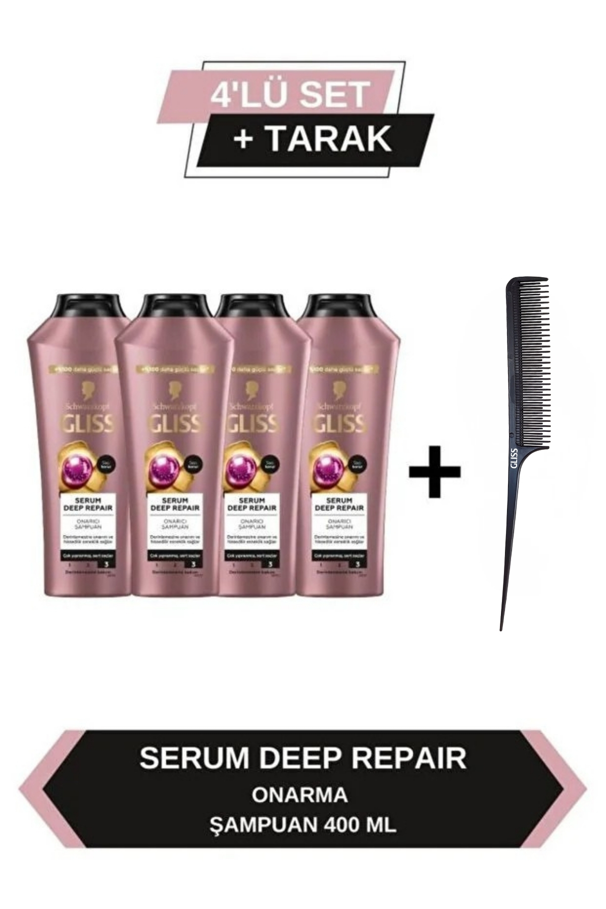 Gliss Serum Deep Repair Onarıcı Şampuan 400 ml X4 Adet + Tarak Hediyeli