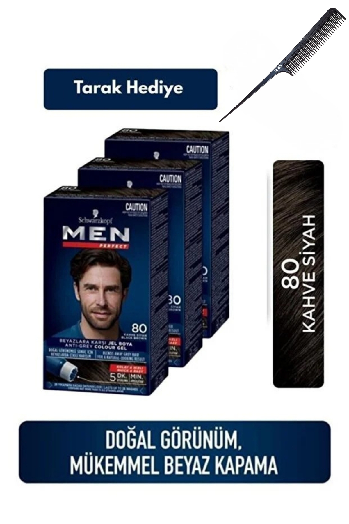 Schwarzkopf Men Perfect 80 Kahve Siyah Erkek Saç Boyası 3’lü Set + Tarak Hediyeli