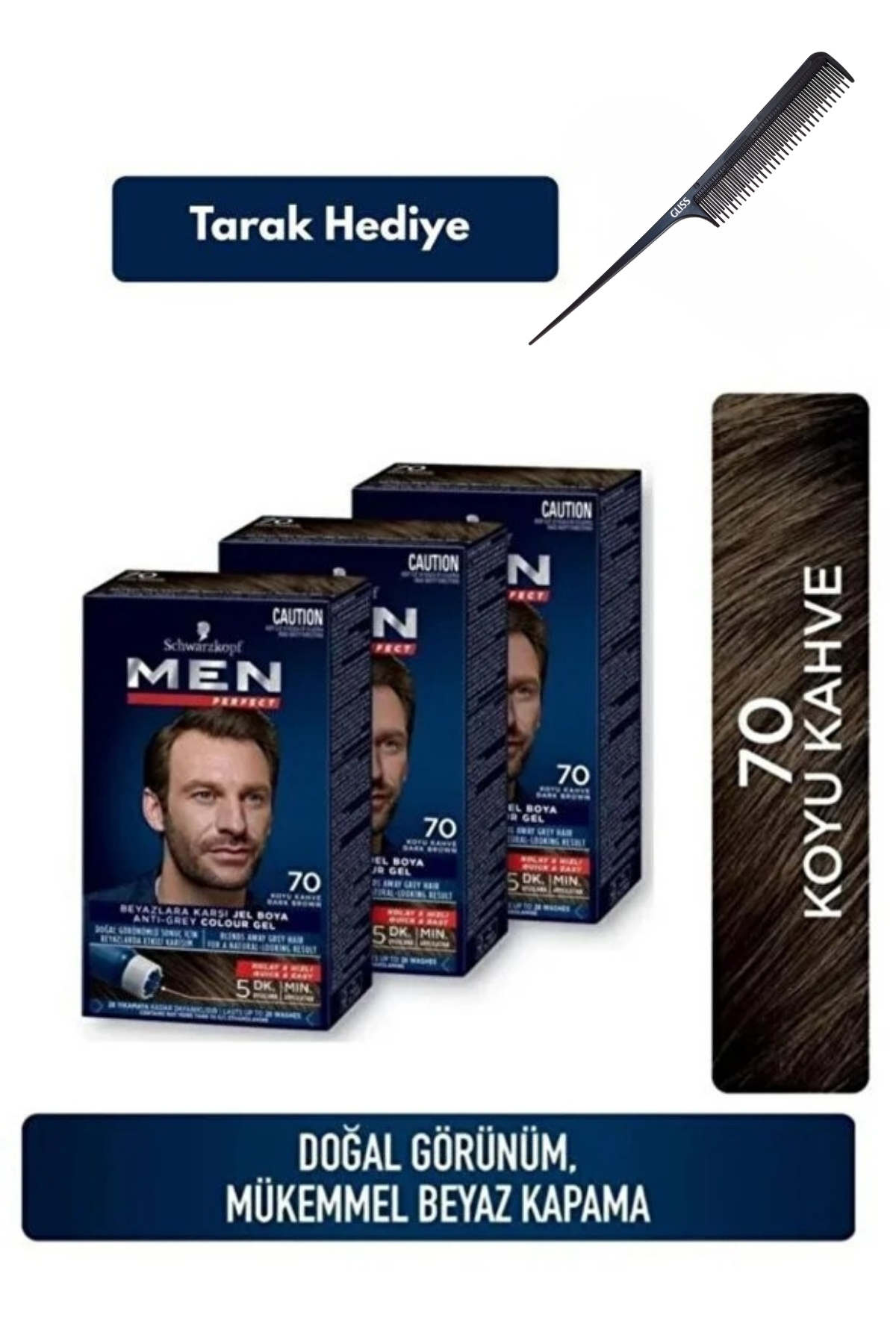 Schwarzkopf Men Perfect 70 Koyu Kahve Erkek Saç Boyası 3’lü Set + Tarak Hediyeli