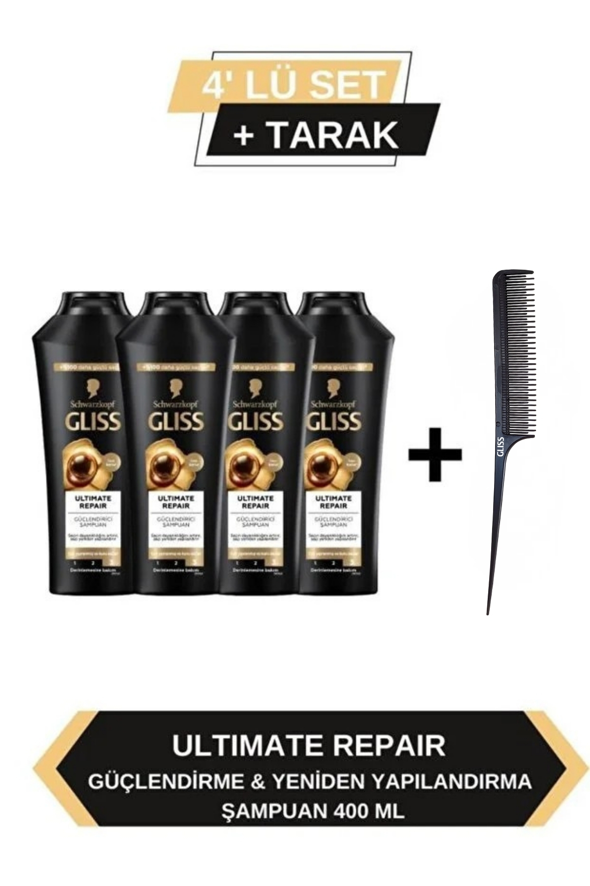 Gliss Ultimate Repair Şampuan 400ml X4 Adet + Tarak Hediyeli