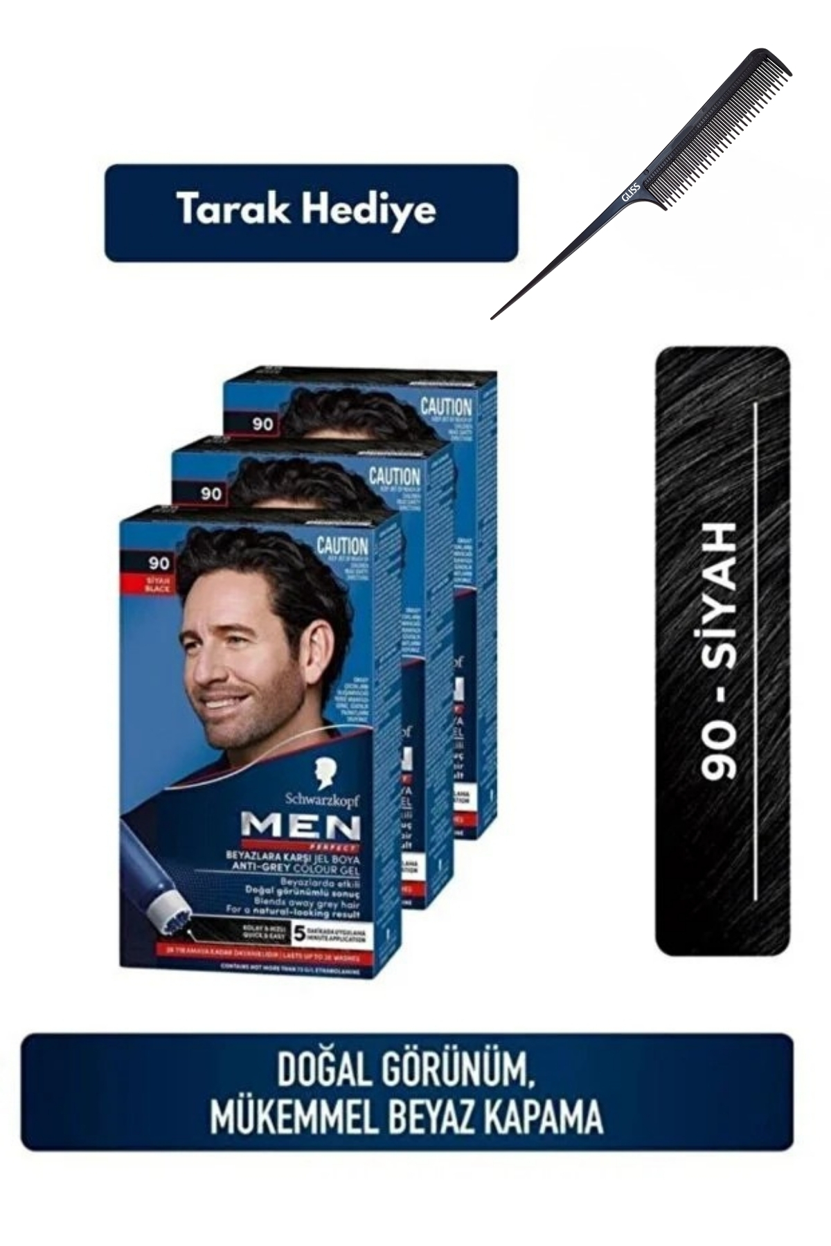 Schwarzkopf Men Perfect 90 Siyah Erkek Saç Boyası 3’lü Set + Tarak Hediyeli
