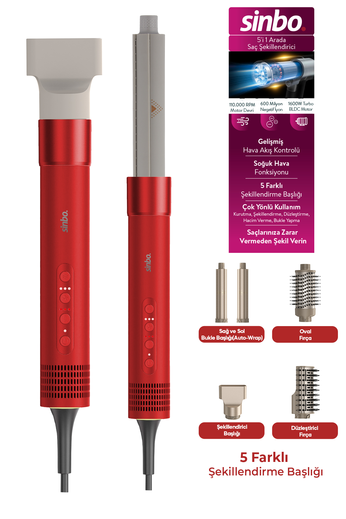 Sinbo SHD-1760 KIRMIZI 5in1 Saç Şekillendirici 16000W Turbo BLDC Motor 110000 RPM Negatif İyon
