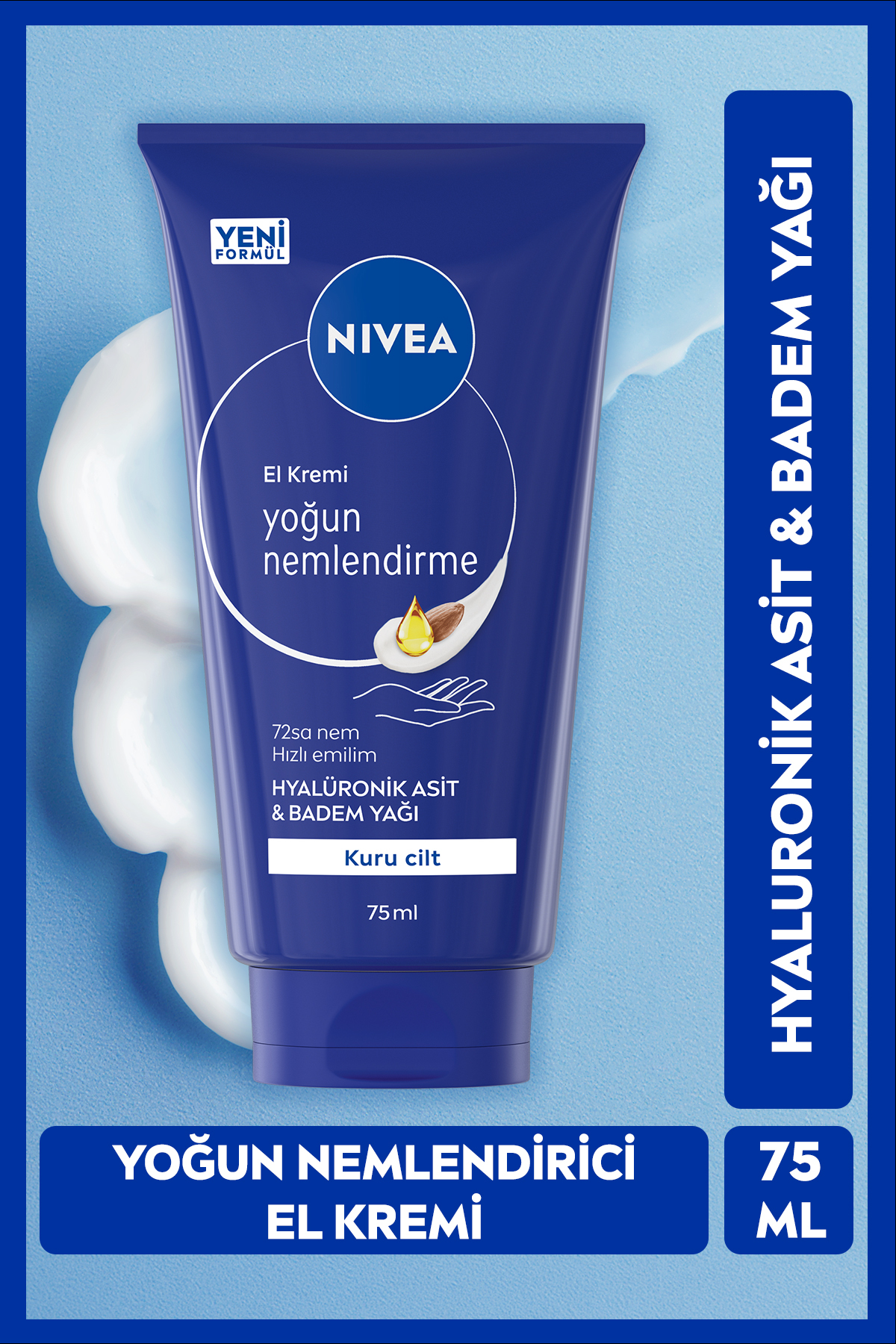 NIVEA Yoğun Nemlendirici El Bakım Kremi 75ml, Kuru Ciltler,Hyaluronik Asit, Badem Yağı
