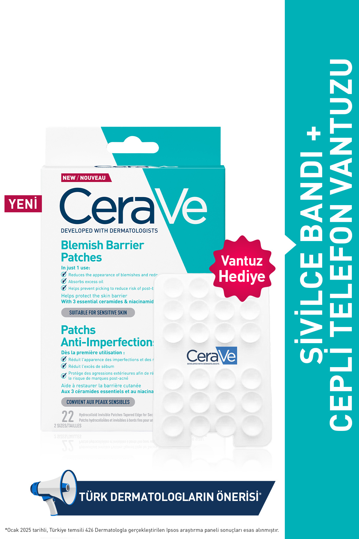 CeraVe Salisilik Asit & Seramid İçerikli Sivilce Karşıtı Bantlar 22 adet + TELEFON VANTUZU HEDİYELİ!