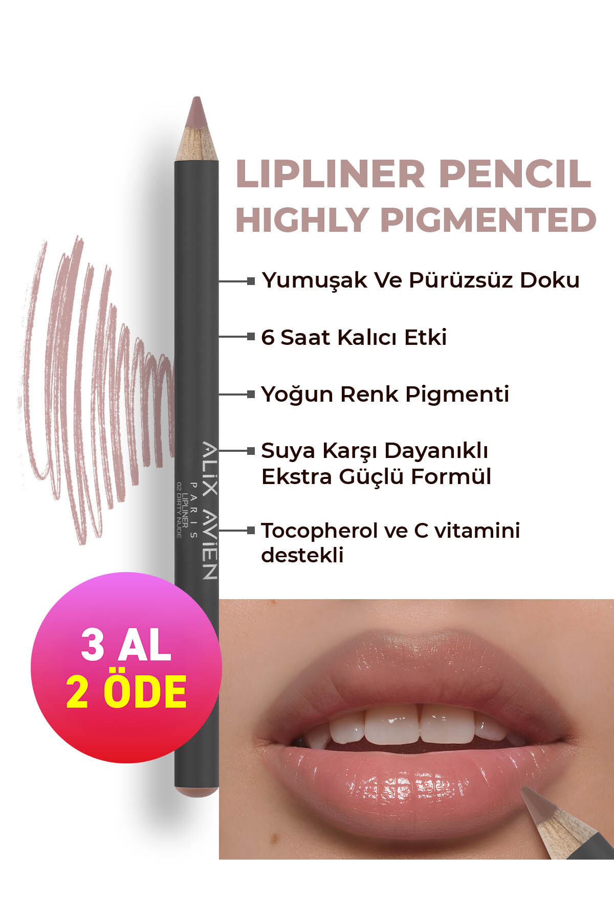 Alix Avien Uzun Süre Kalıcı Dağılma Yapmayan Nemlendirici Dudak Kalemi - Lipliner Pencil 02 Dirty Nude