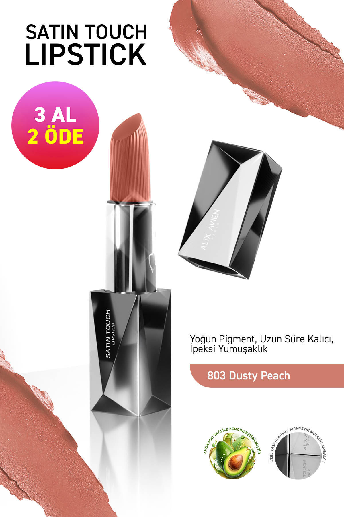 Alix Avien Uzun Süre Kalıcı Nemlendirici Pürüzsüz Etkili Yarı Mat Ruj - Satin Touch Lipstick 803 Dusty Peach