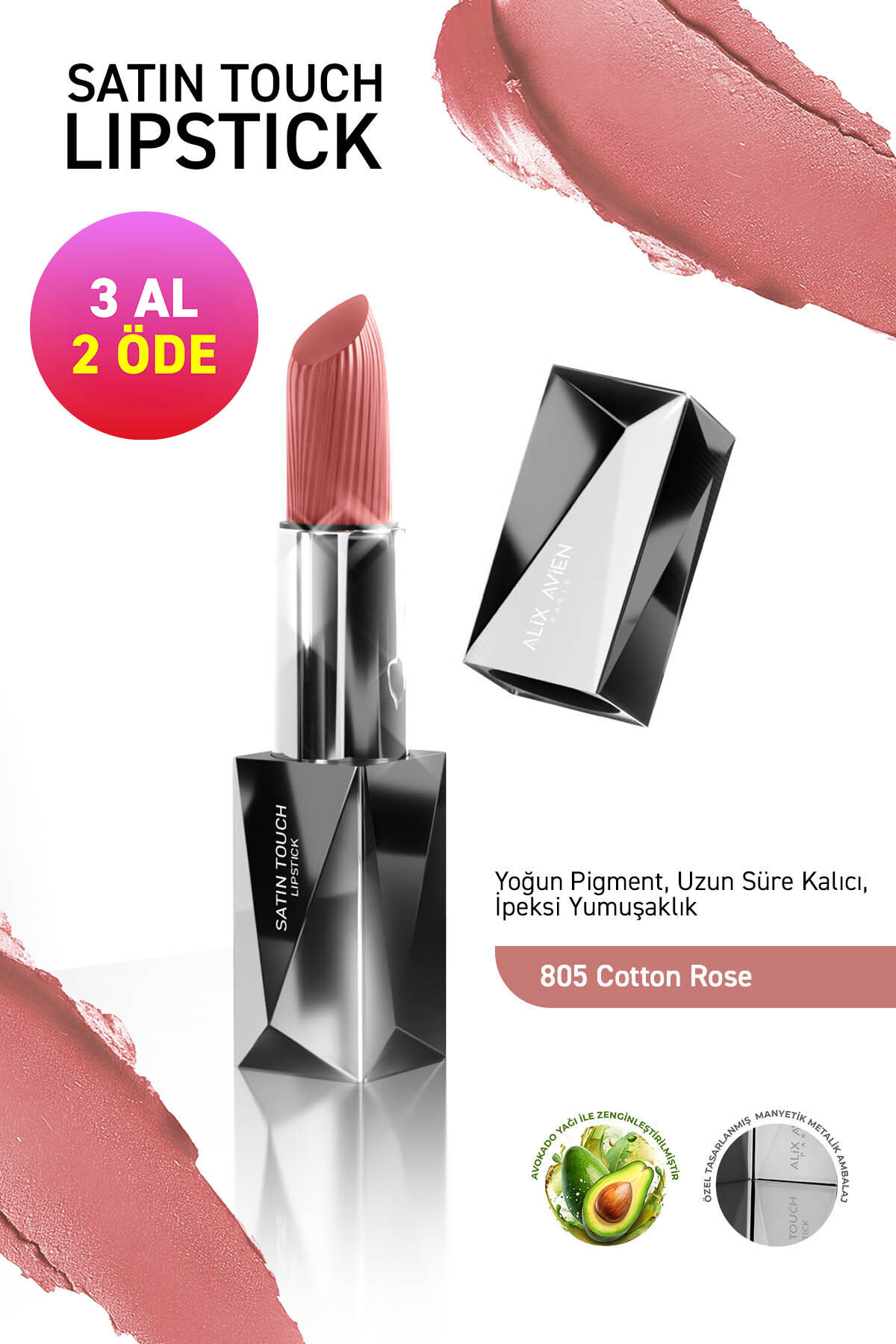 Alix Avien Uzun Süre Kalıcı Nemlendirici Pürüzsüz Etkili Yarı Mat Ruj - Satin Touch Lipstick 805 Cotton Rose