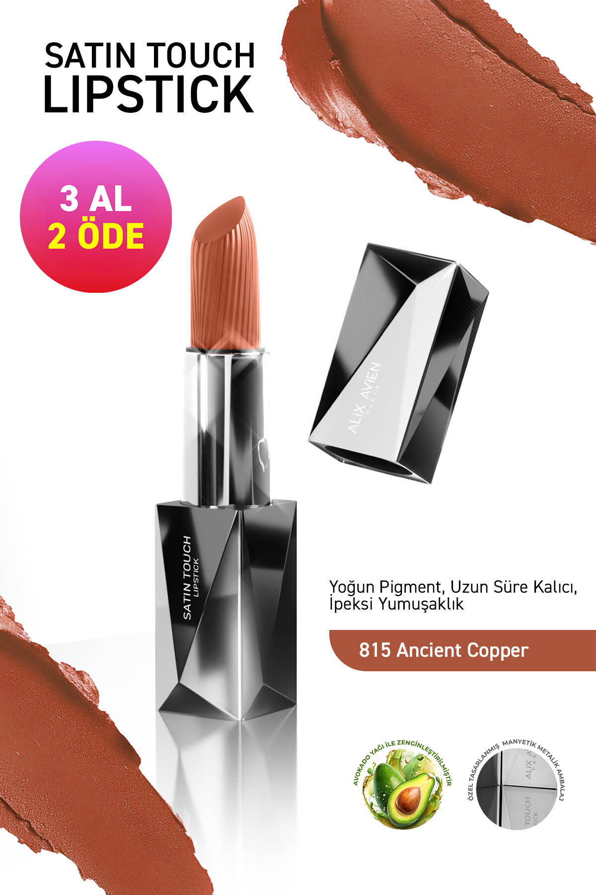 Alix Avien Uzun Süre Kalıcı Nemlendirici Pürüzsüz Etkili Yarı Mat Ruj - Satin Touch Lipstick 815 Ancient Copper
