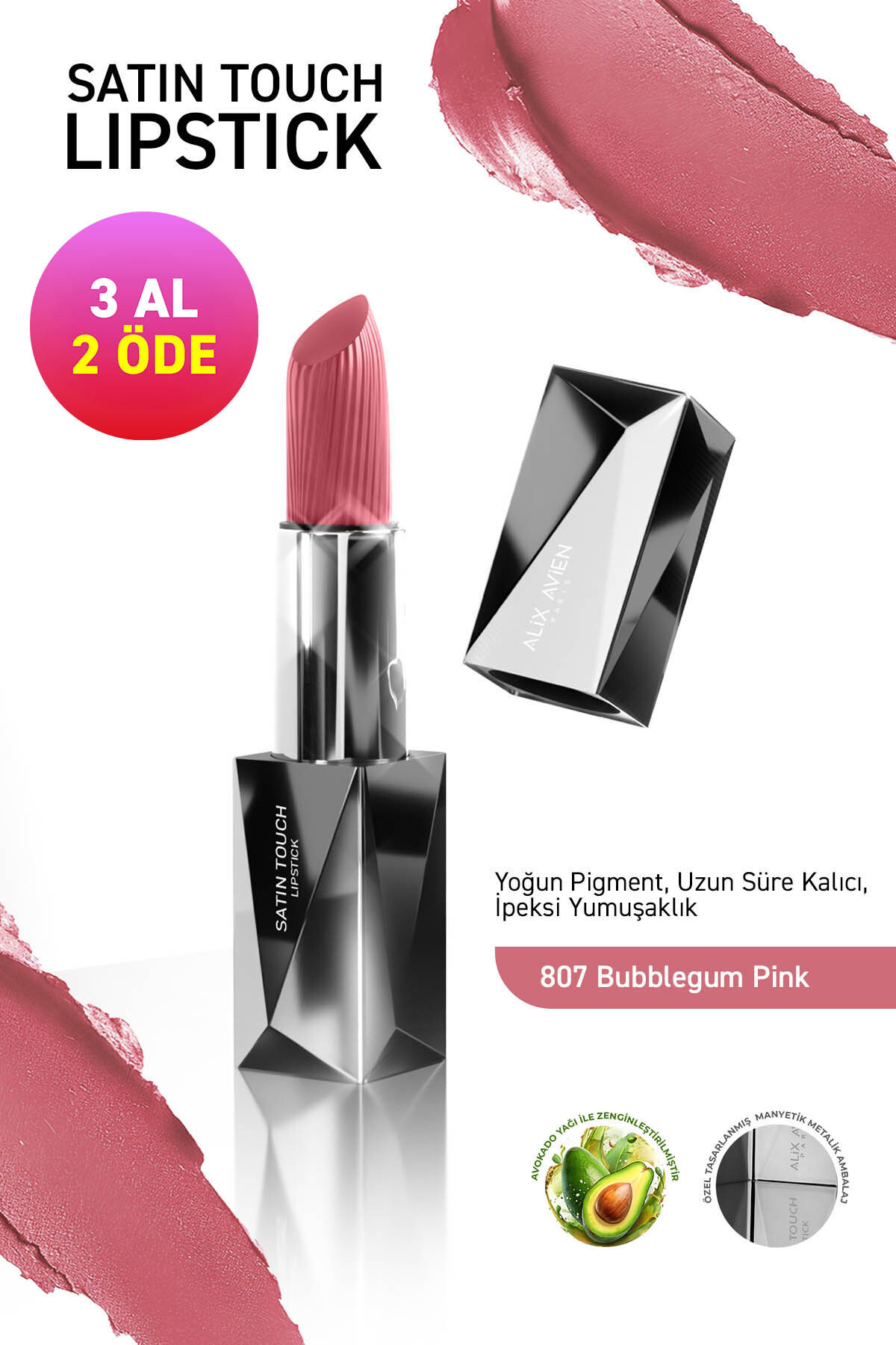 Alix Avien Uzun Süre Kalıcı Nemlendirici Pürüzsüz Etkili Yarı Mat Ruj - Satin Touch Lipstick 807 Bubblegum Pink