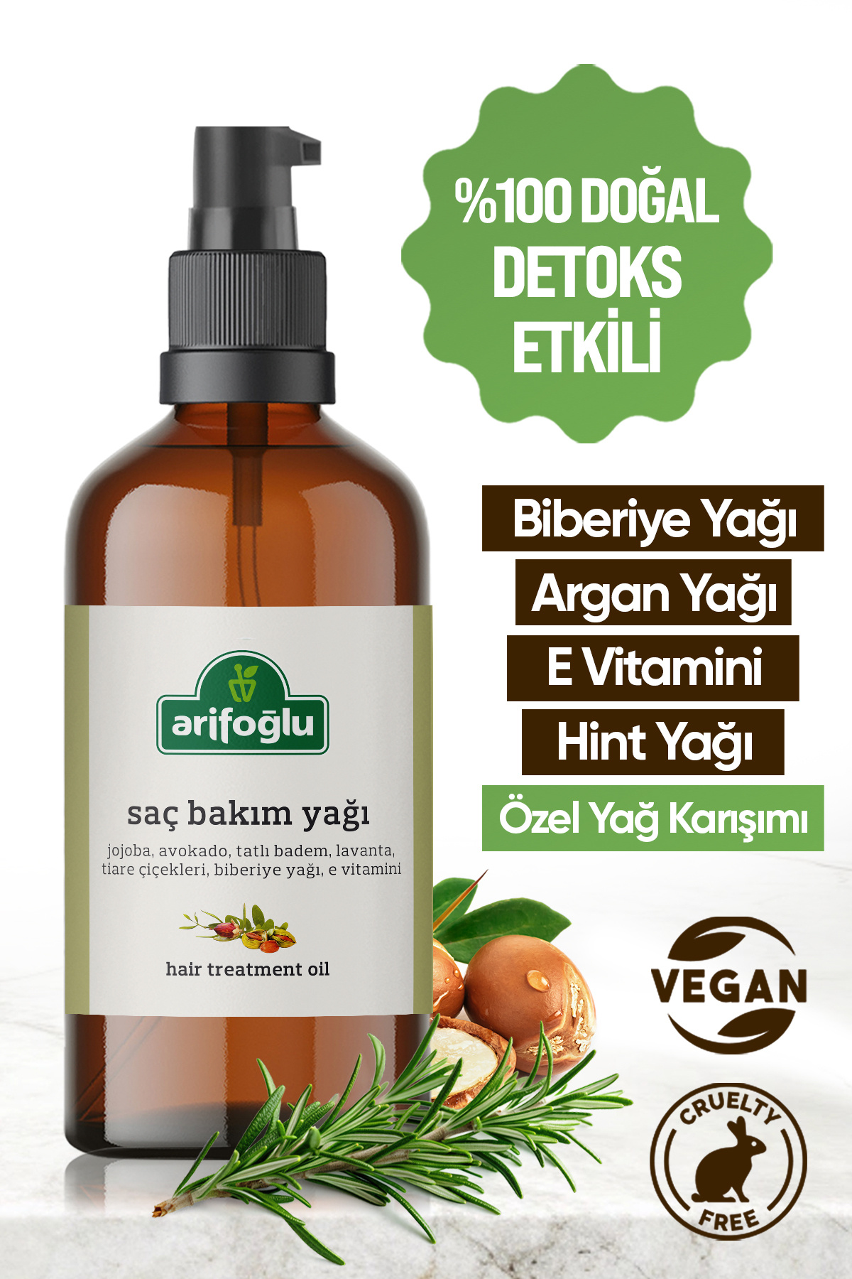 Arifoğlu Saç Bakım Yağı Biberiye, Argan -Hızlı Uzama Dökülme Karşıtı Detoks Etkili 100 ml.