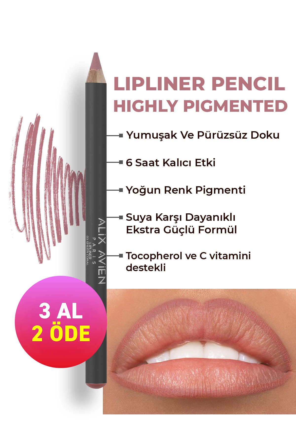 Alix Avien Uzun Süre Kalıcı Dağılma Yapmayan Nemlendirici Dudak Kalemi - Lipliner Pencil 03 Sheer Coral