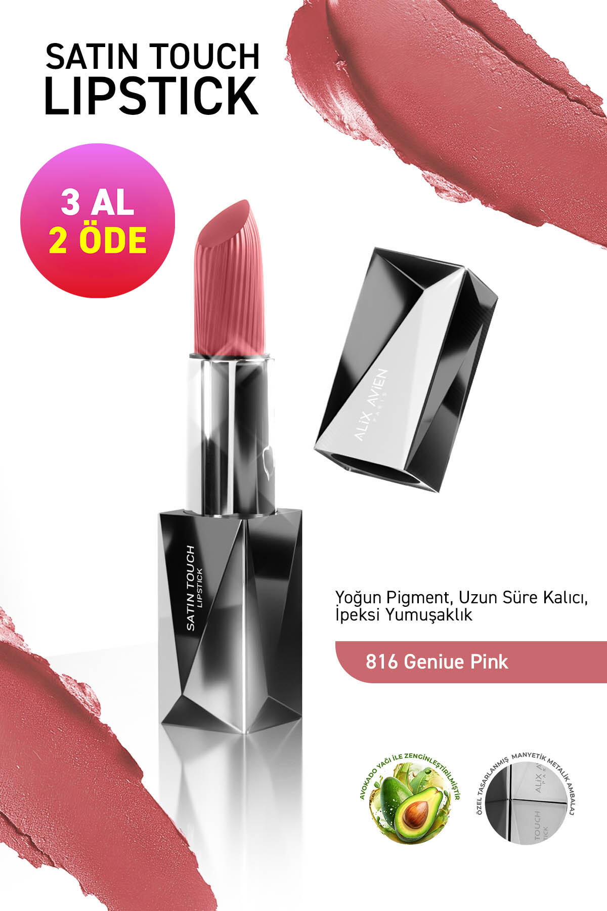 Alix Avien Uzun Süre Kalıcı Nemlendirici Pürüzsüz Etkili Yarı Mat Ruj - Satin Touch Lipstick 816 Geniue Pink