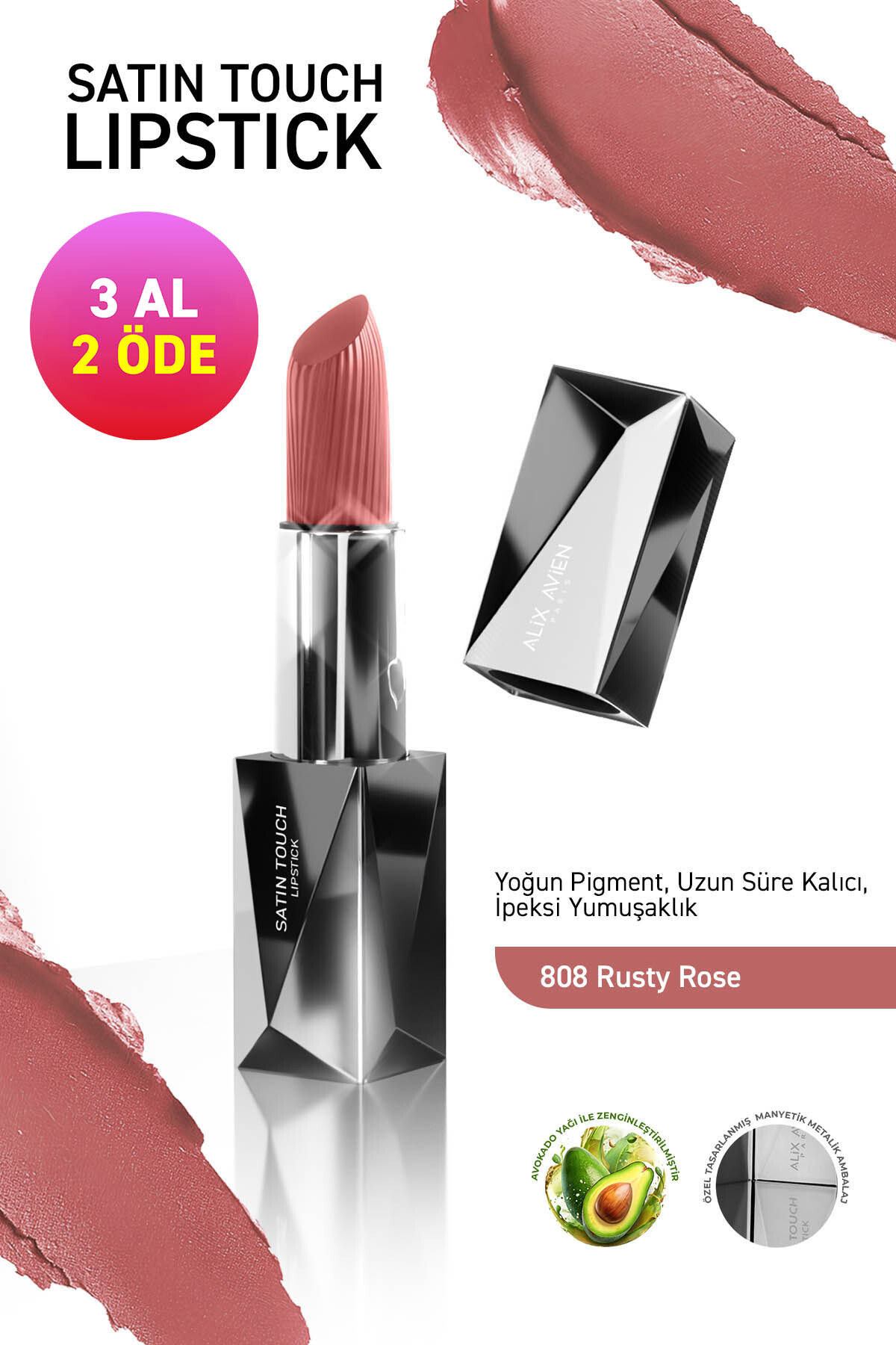 Alix Avien Uzun Süre Kalıcı Nemlendirici Pürüzsüz Etkili Yarı Mat Ruj - Satin Touch Lipstick 808 Rusty Rose