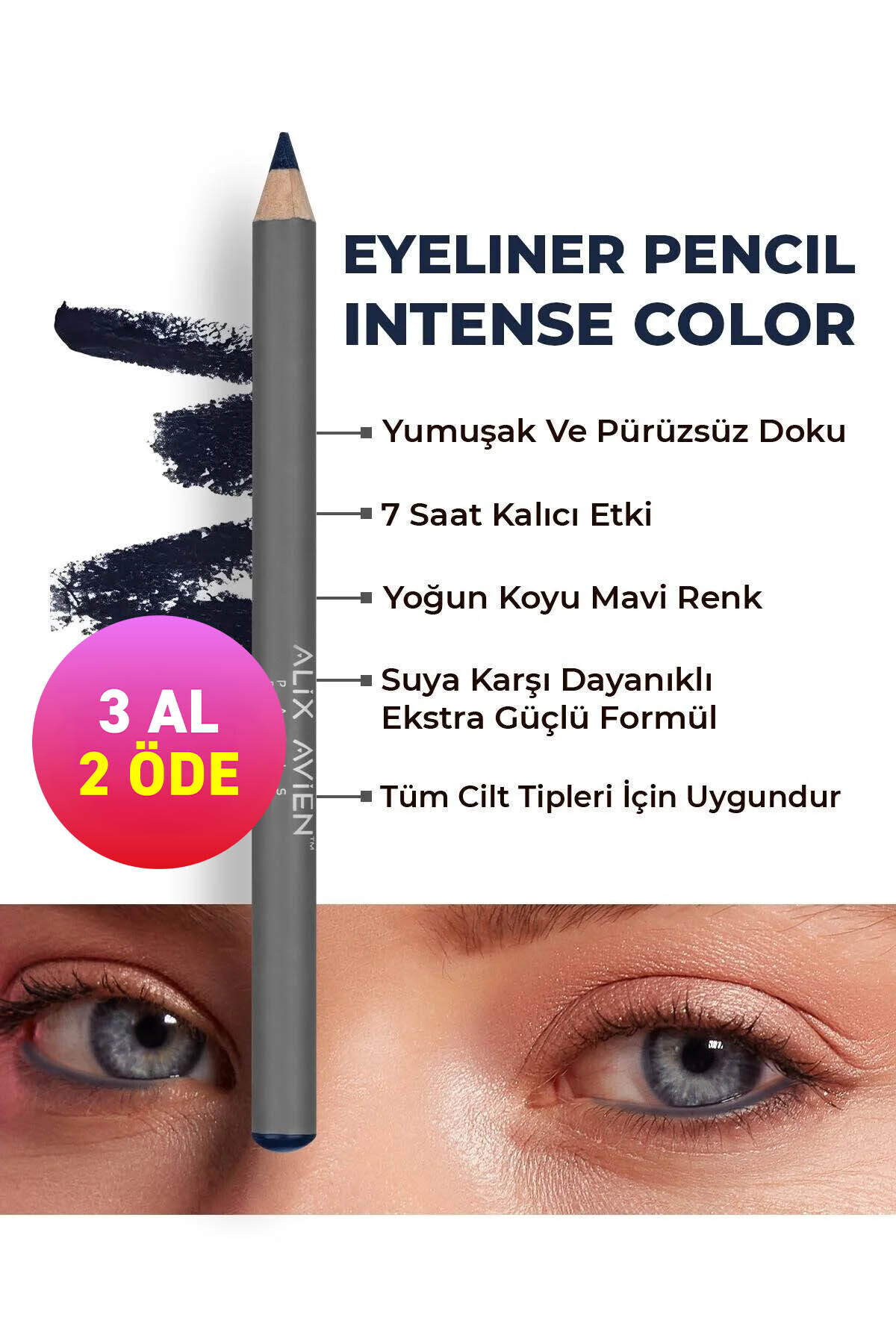Alix Avien Suya Dayanıklı Yoğun Pigmentli Kremsi Kolay Sürüm Lacivert Göz Kalemi - Eyeliner Pencil Dark Blue