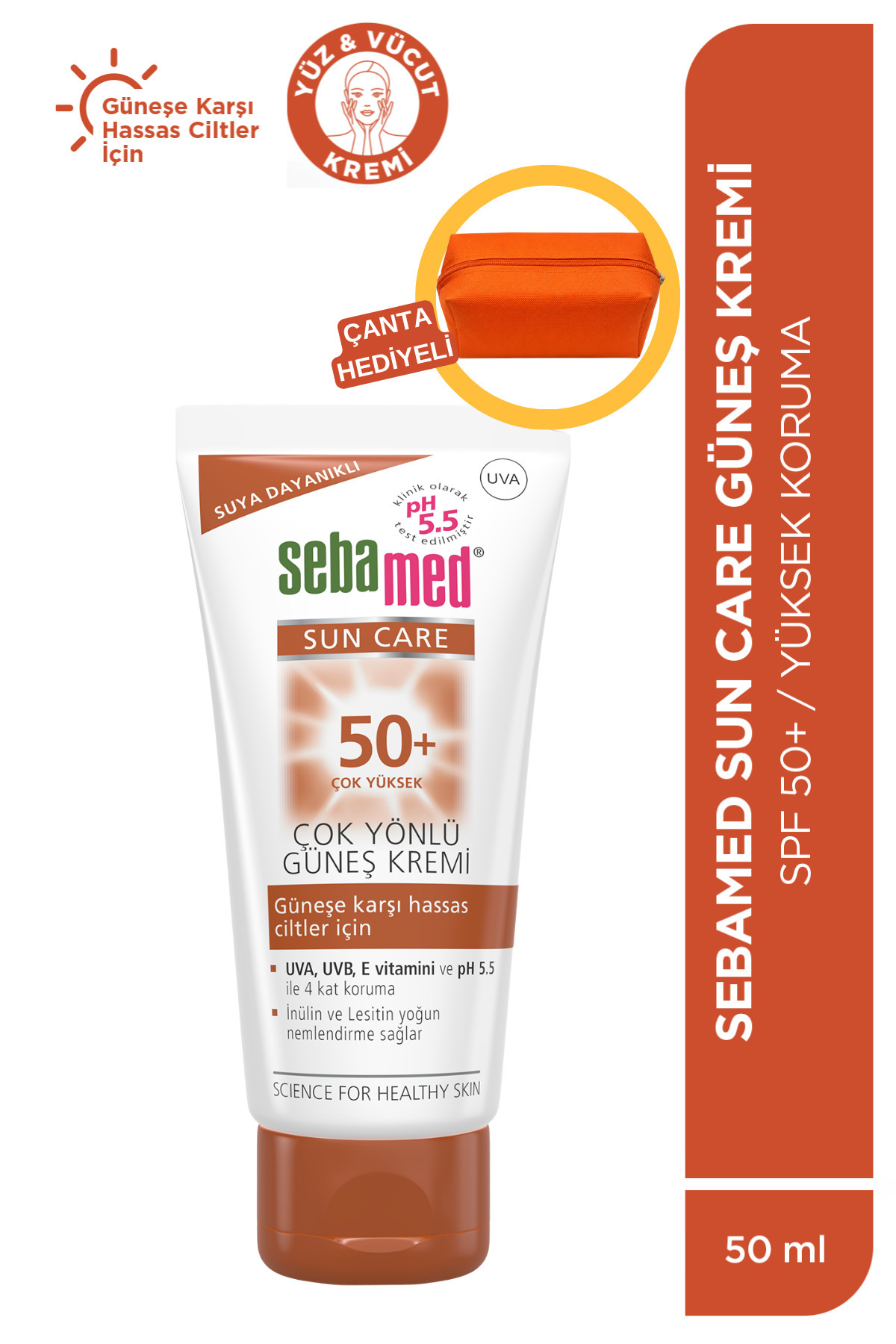 Sebamed Makyaj Çantası Hediyeli SPF50+ UVA UVB Filtresi - E Vitamini Yüksek Koruma Yüz Güneş Kremi 50ml Seti
