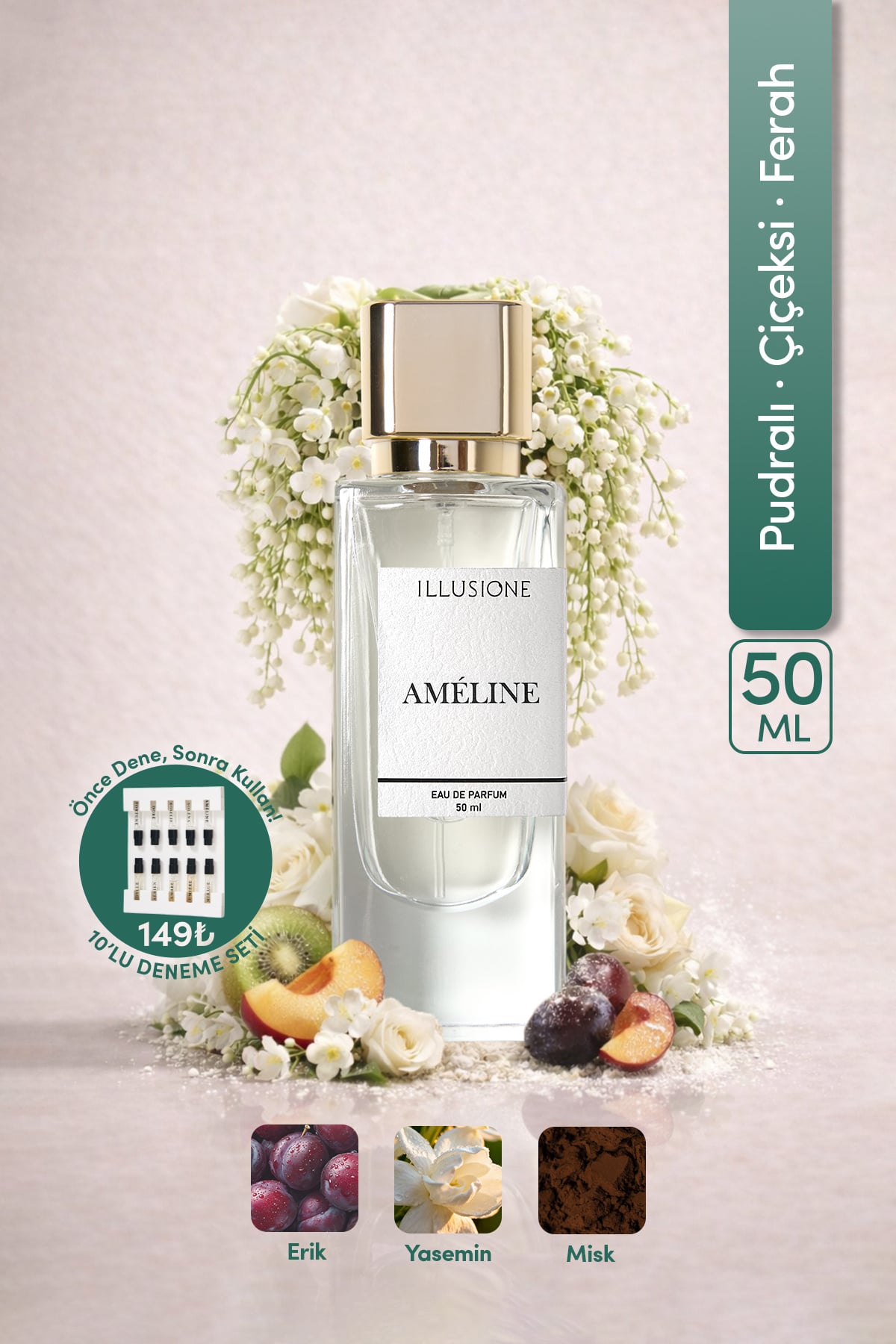 ILLUSIONE FRAGRANCE Améline EDP Kadın Parfüm 50ml | Pudramsı - Çiçeksi - Ferah | Yasemin, Misk
