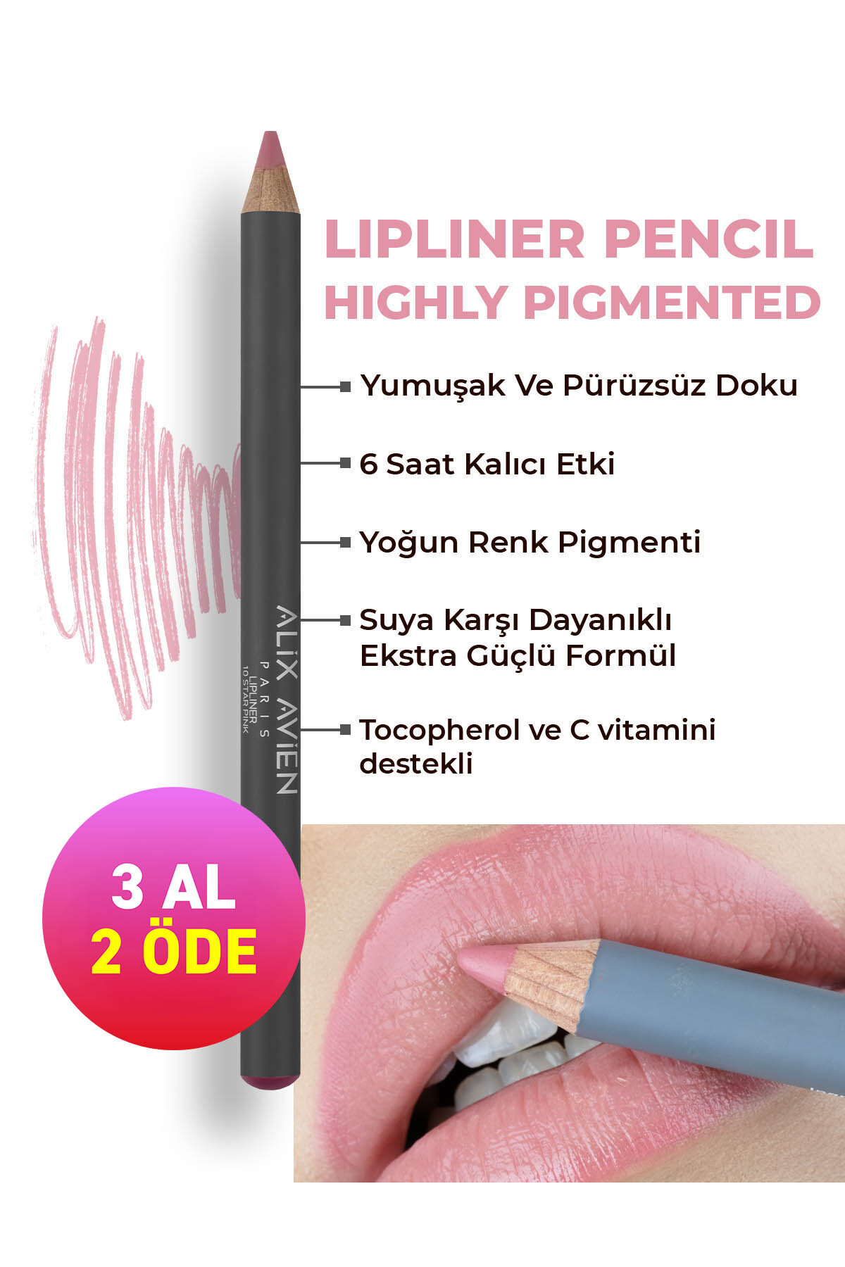 Alix Avien Uzun Süre Kalıcı Dağılma Yapmayan Nemlendirici Dudak Kalemi - Lipliner Pencil 10 Star Pink