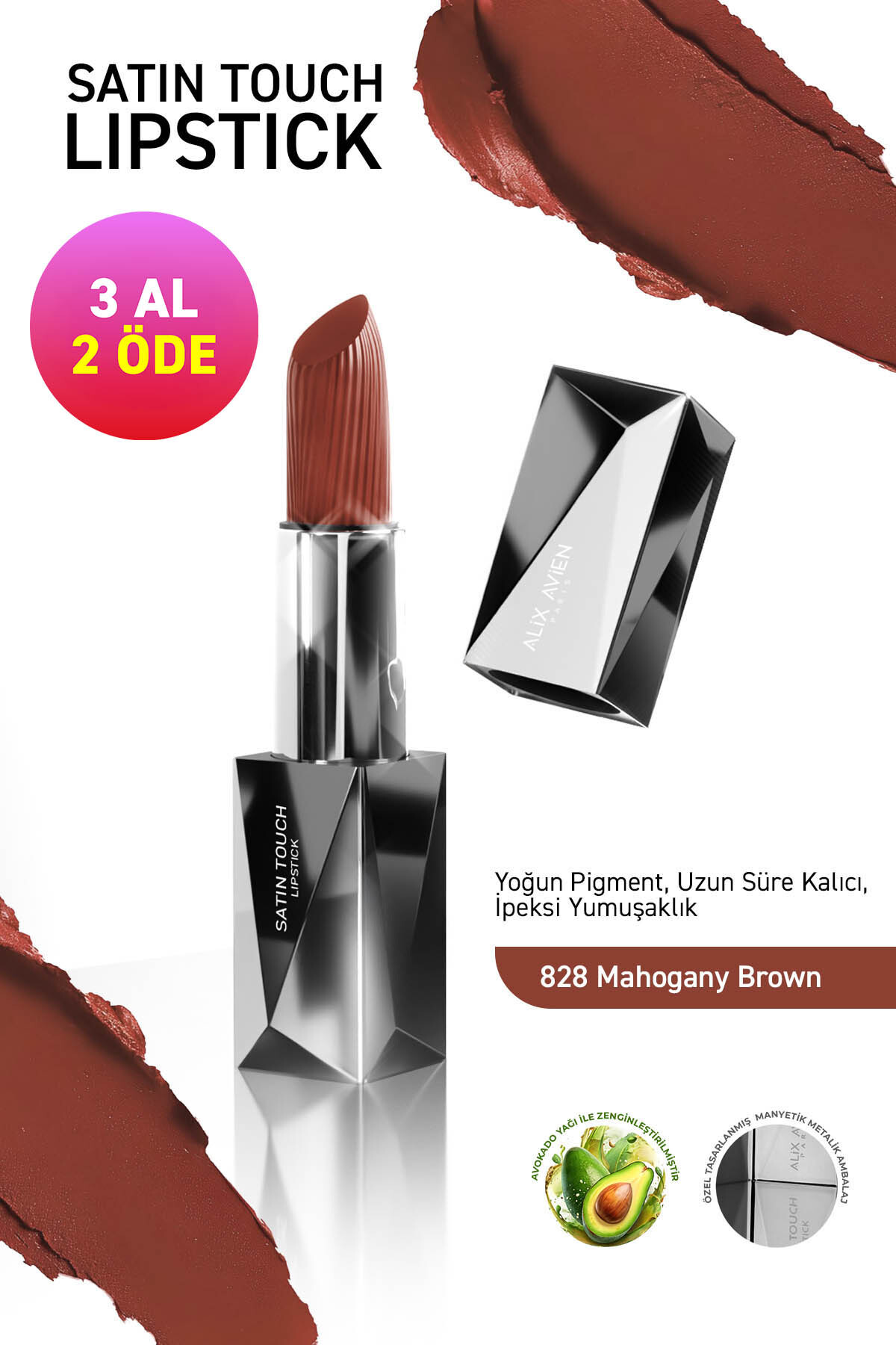 Alix Avien Uzun Süre Kalıcı Nemlendirici Pürüzsüz Etkili Yarı Mat Ruj - Satin Touch Lipstick 828 Mahogany Brown