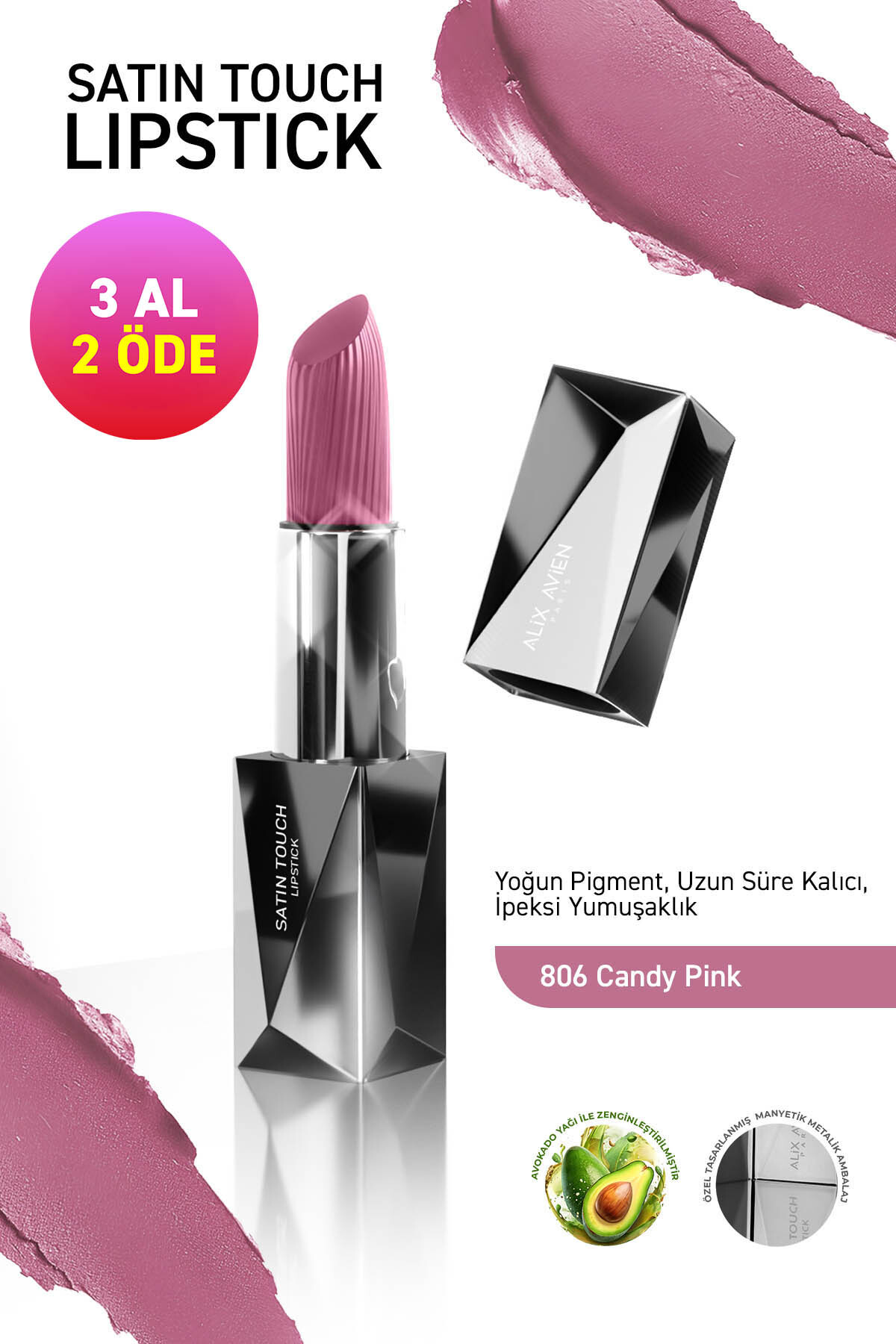 Alix Avien Uzun Süre Kalıcı Nemlendirici Pürüzsüz Etkili Yarı Mat Ruj - Satin Touch Lipstick 806 Candy Pink