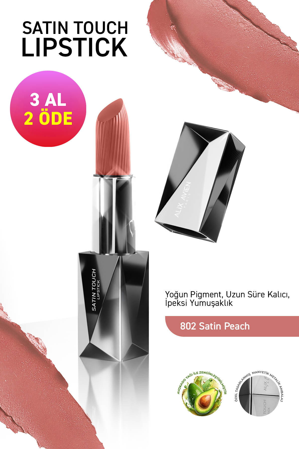 Alix Avien Uzun Süre Kalıcı Nemlendirici Pürüzsüz Etkili Yarı Mat Ruj - Satin Touch Lipstick 802 Satin Peach
