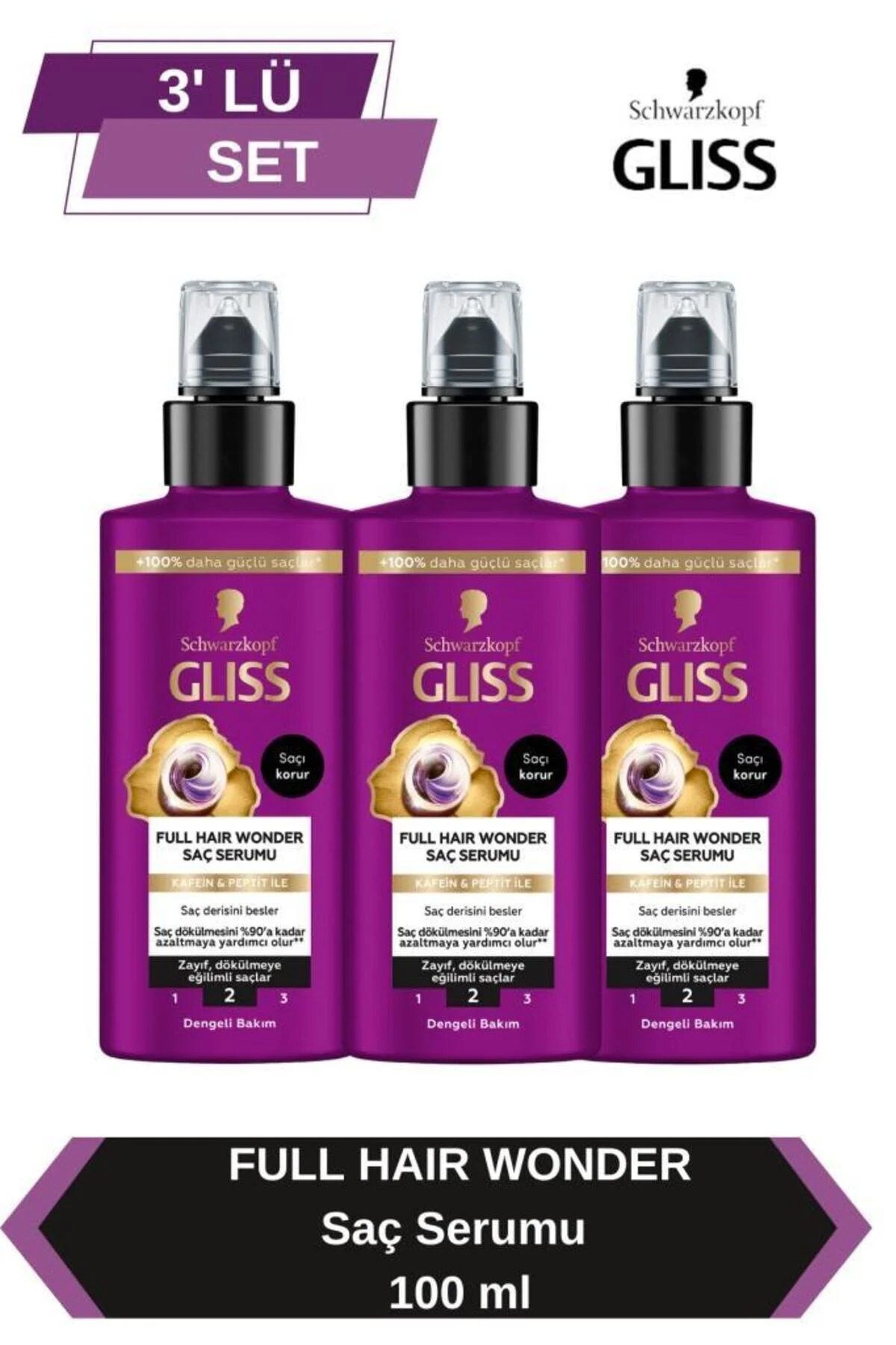 Gliss Full Hair Wonder Dökülme Karşıtı Sıvı Saç Bakım Serumu 100 ml x3 Adet + Tarak Hediyeli