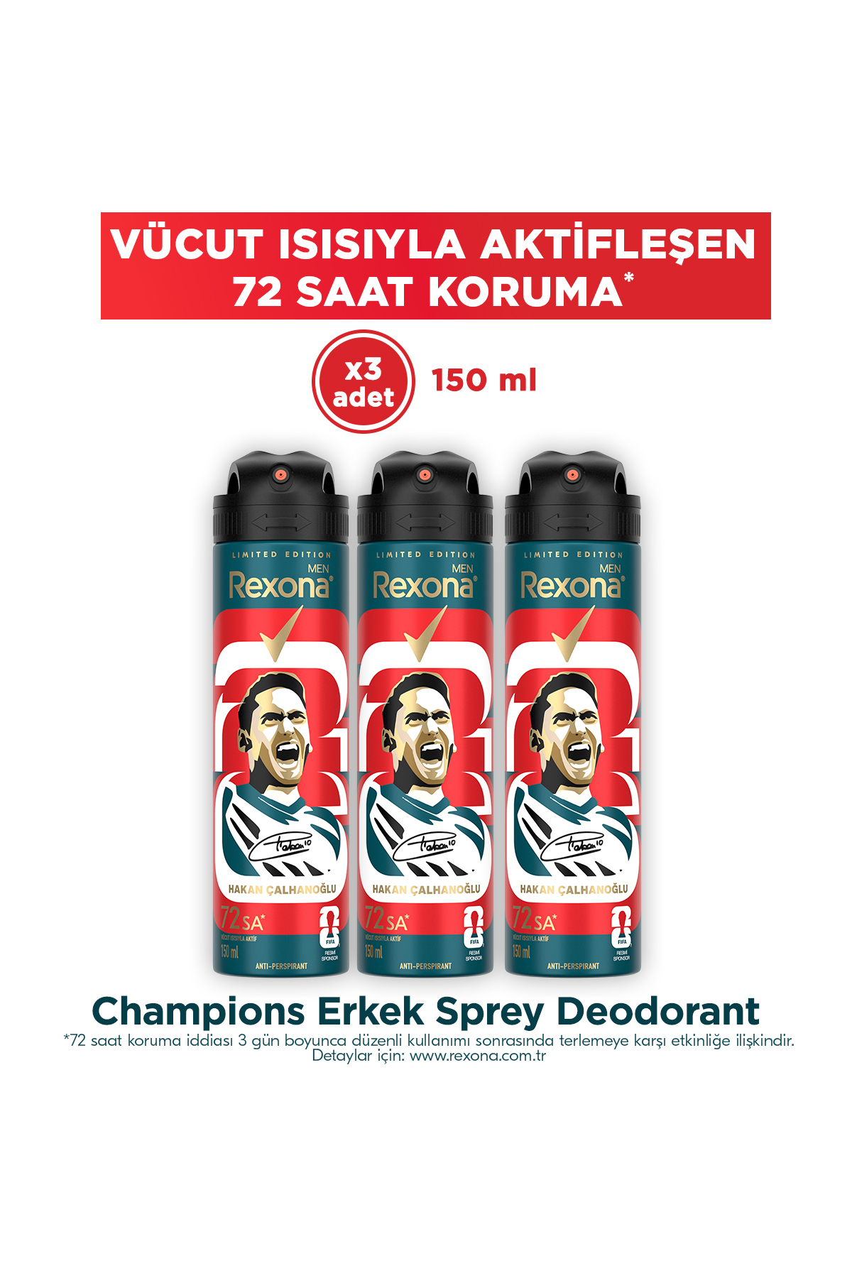 Rexona Men Erkek Sprey Deodorant Champions 72 Saat Kesintisiz Üstün Koruma 150 ml x3