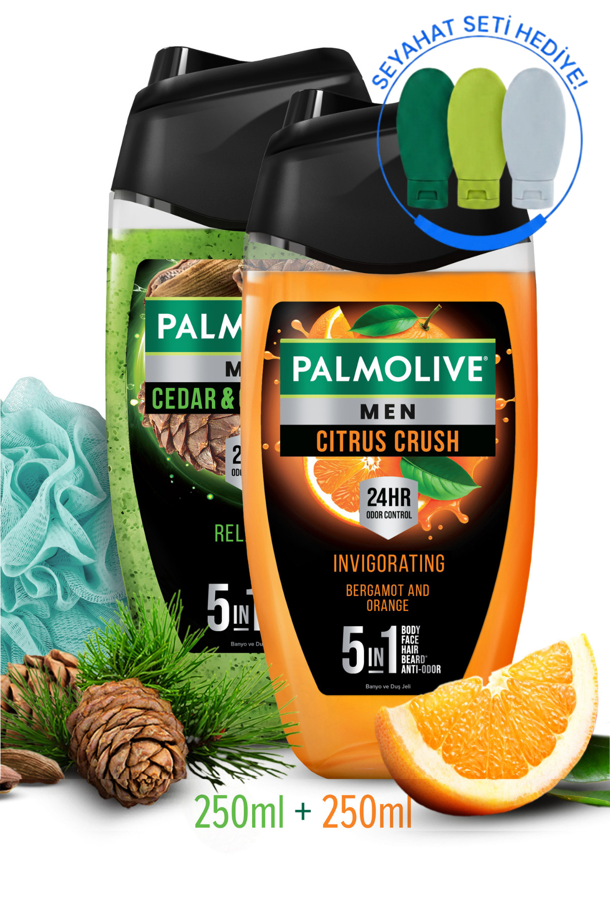 Palmolive Erkek Duş Jeli Seti 2li 250 Ml 5in1 Vücut, Yüz, Saç, Sakal, Koku Kontrolü + Seyahat Kiti Hediye