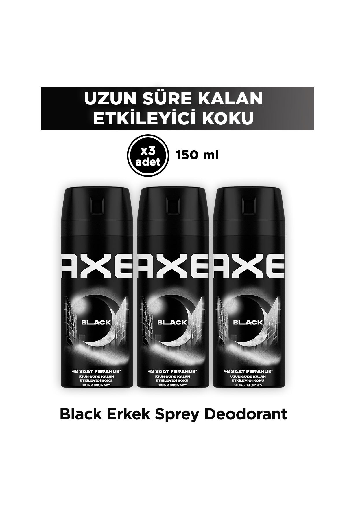 Axe Erkek Deodorant & Bodyspray Black 48 Saat Etkileyici Koku Vücut Spreyi 150 ml X3 Adet