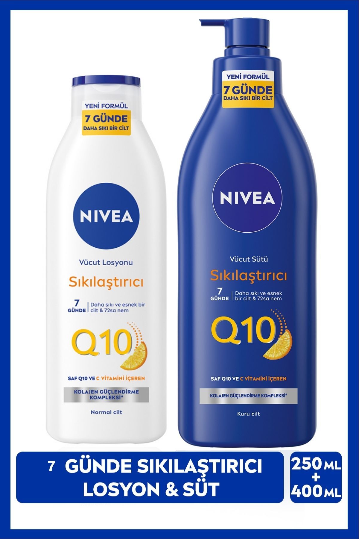 NIVEA Q10 Sıkılaştırıcı Vücut Bakım Sütü 400ml ve Vücut Losyonu 250ml, C Vitamini, 7 Günde Sıkılaş