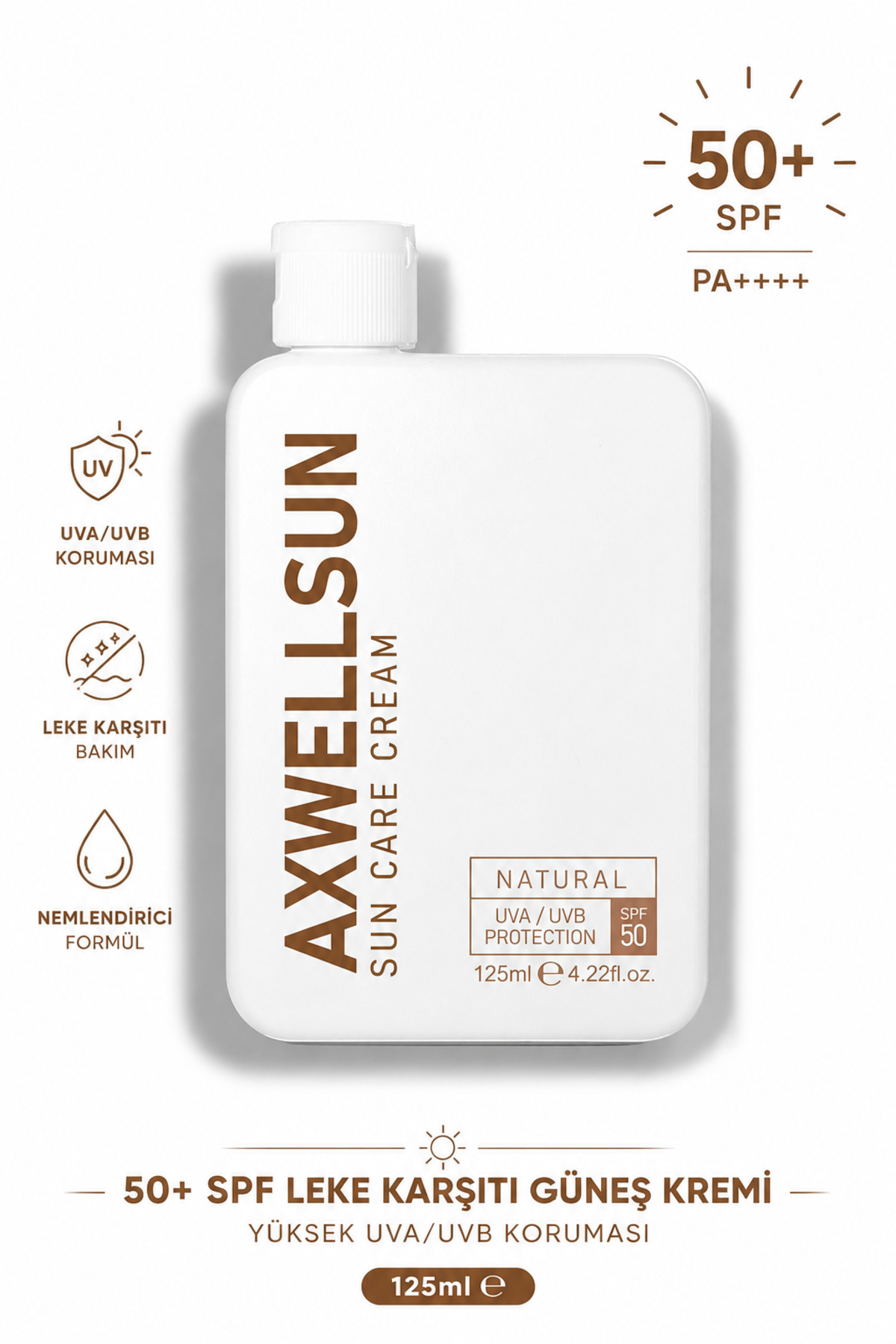 AXWELL SPF 50+ Leke Karşıtı Güneş Kremi 125ml | Nemlendirici & Yüksek Koruma | Beyazlık Bırakmaz