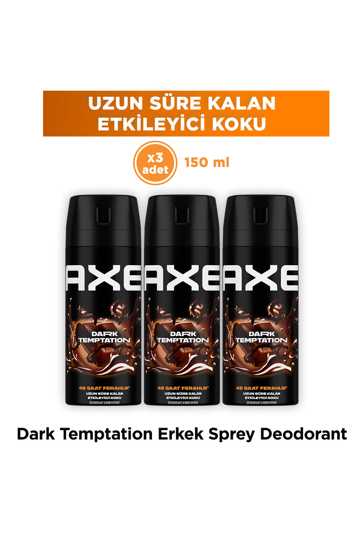 Axe Erkek Deodorant & Bodyspray Dark Temptation 48 Saat Etkileyici Koku Vücut Spreyi 150 ml X3 Adet