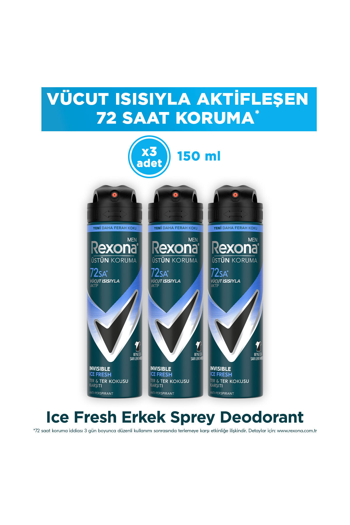 Rexona Men Erkek Sprey Deodorant Invisible Ice Fresh 72 Saat Kesintisiz Üstün Koruma 150 ml x3