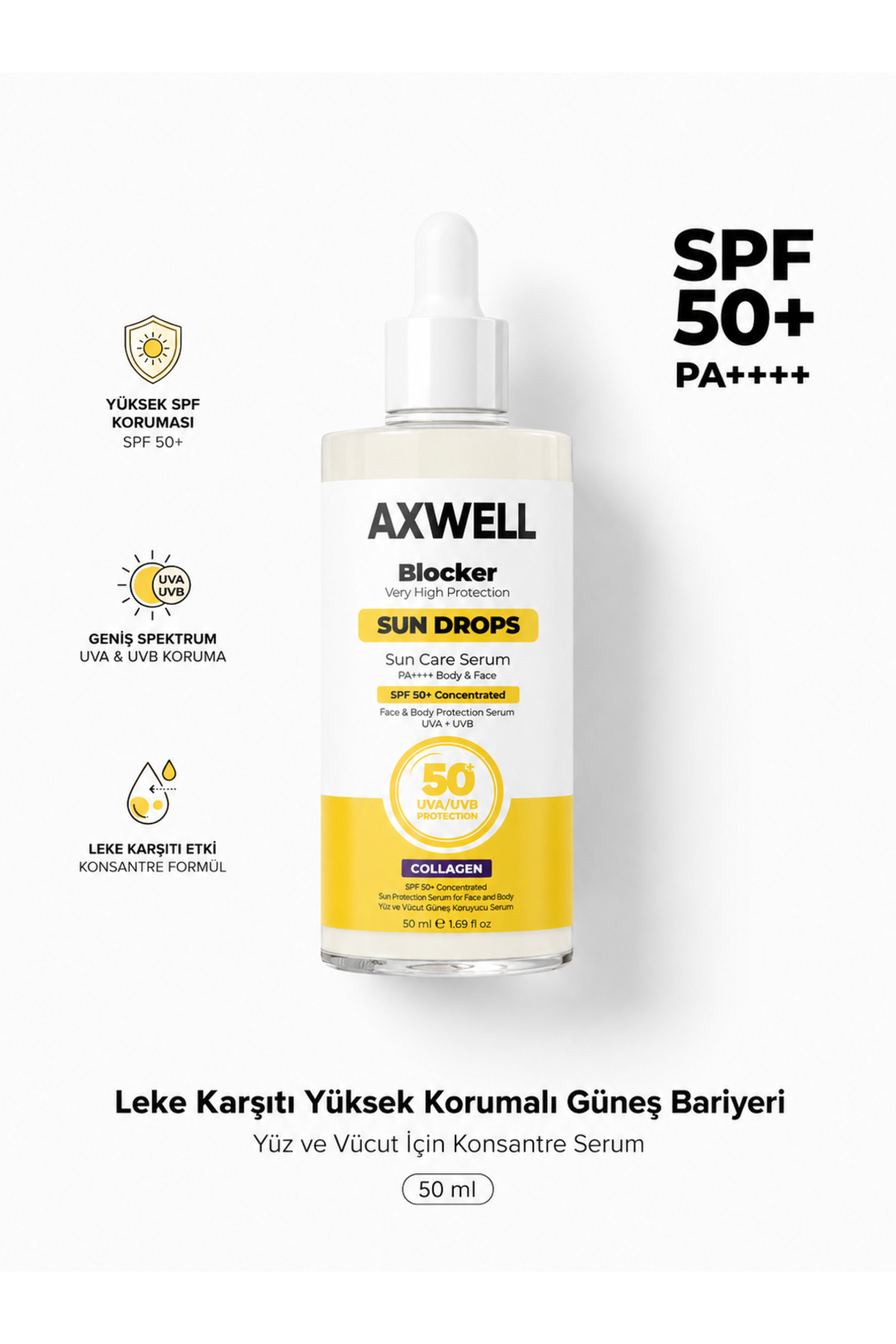 AXWELL Blocker SPF 50+ Suya Dayanıklı Yüksek UVB+UVA Korumalı Kolajen İçerikli 50ml Güneş Serumu