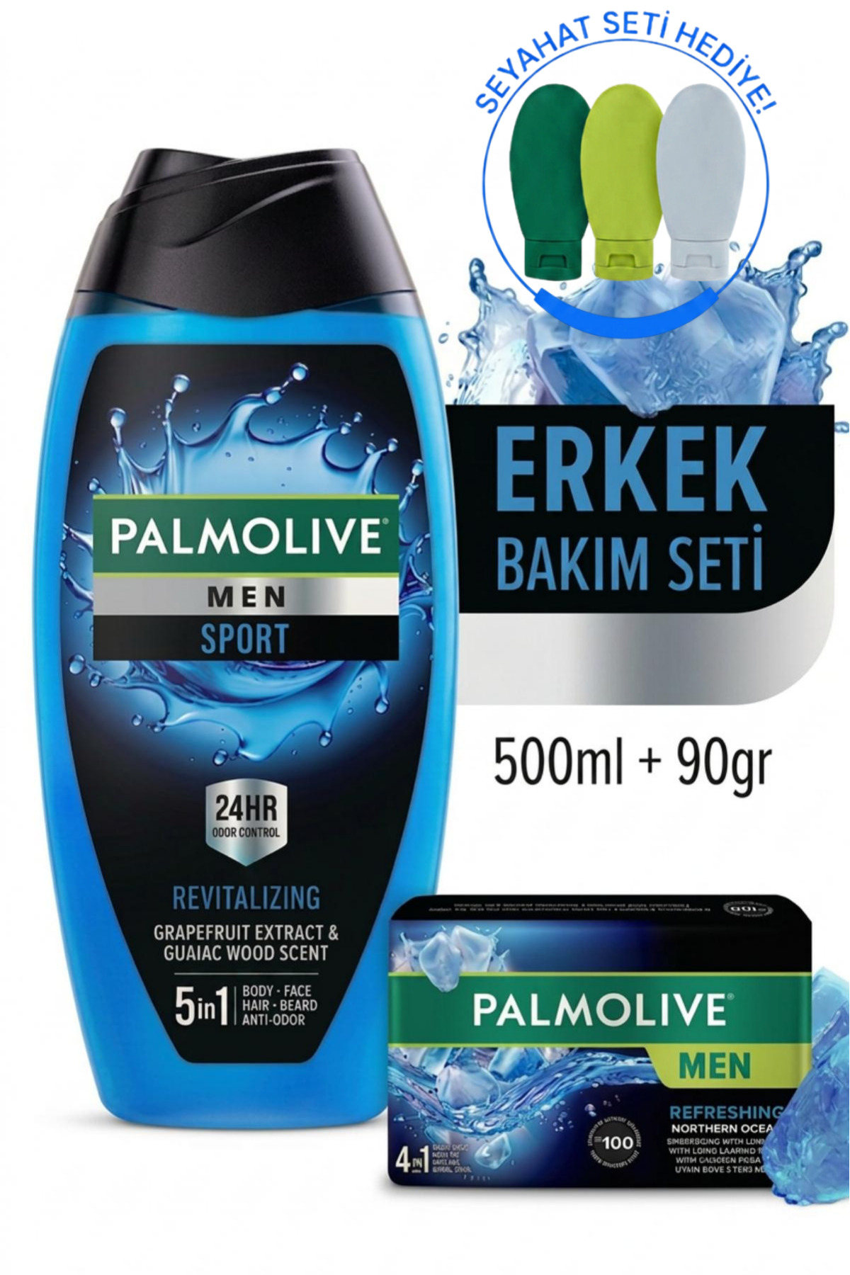 Palmolive Sport Erkek Duş Jeli 500 ml, Naturals Erkek Sabun 90 GR + Seyahat Kiti Hediye
