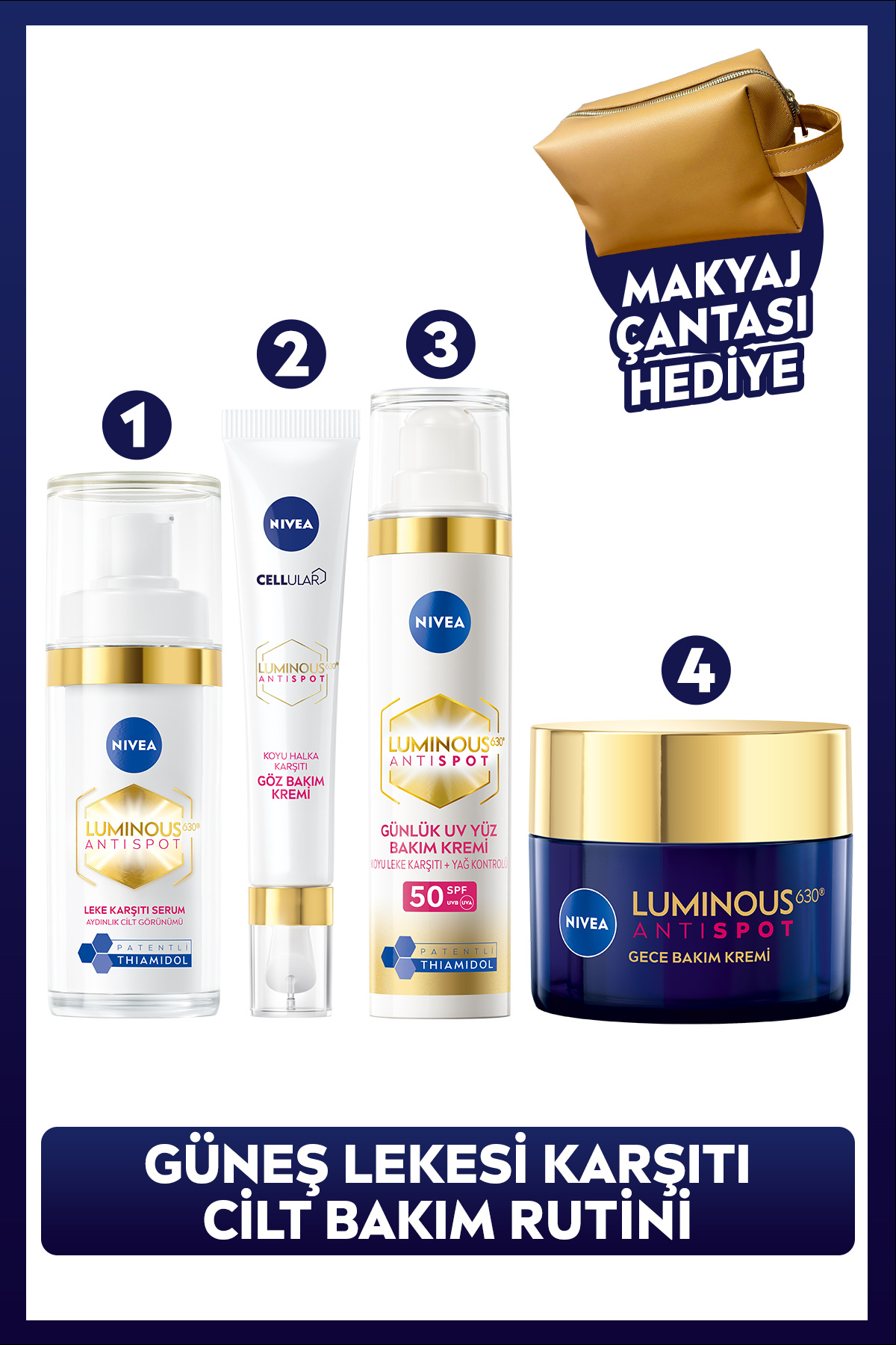 NIVEA Luminous630 Leke Karşıtı Bakım, Cilt Serumu, Göz, Gündüz ve Gece Kremi, Makyaj Çantalı Çeyiz Seti