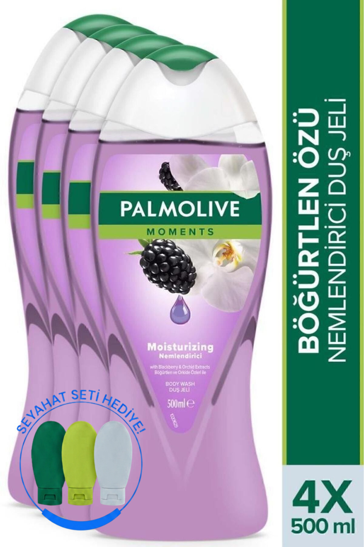 Palmolive Moments Böğürtlen ve Orkide Özleri ile Nemlendirici Banyo ve Duş Jeli 500 ml x 4Adet +Seyahat Kiti
