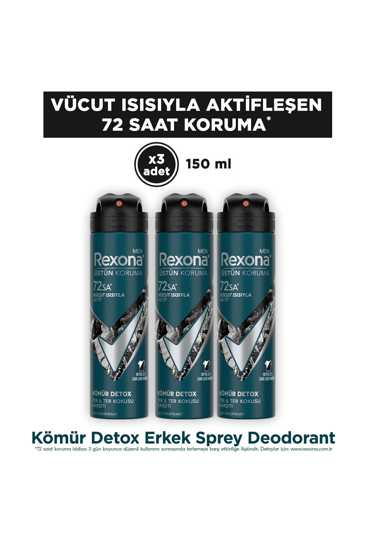 Rexona Men Erkek Sprey Deodorant Kömür Detox 72 Saat Kesintisiz Üstün Koruma 150 ml x3