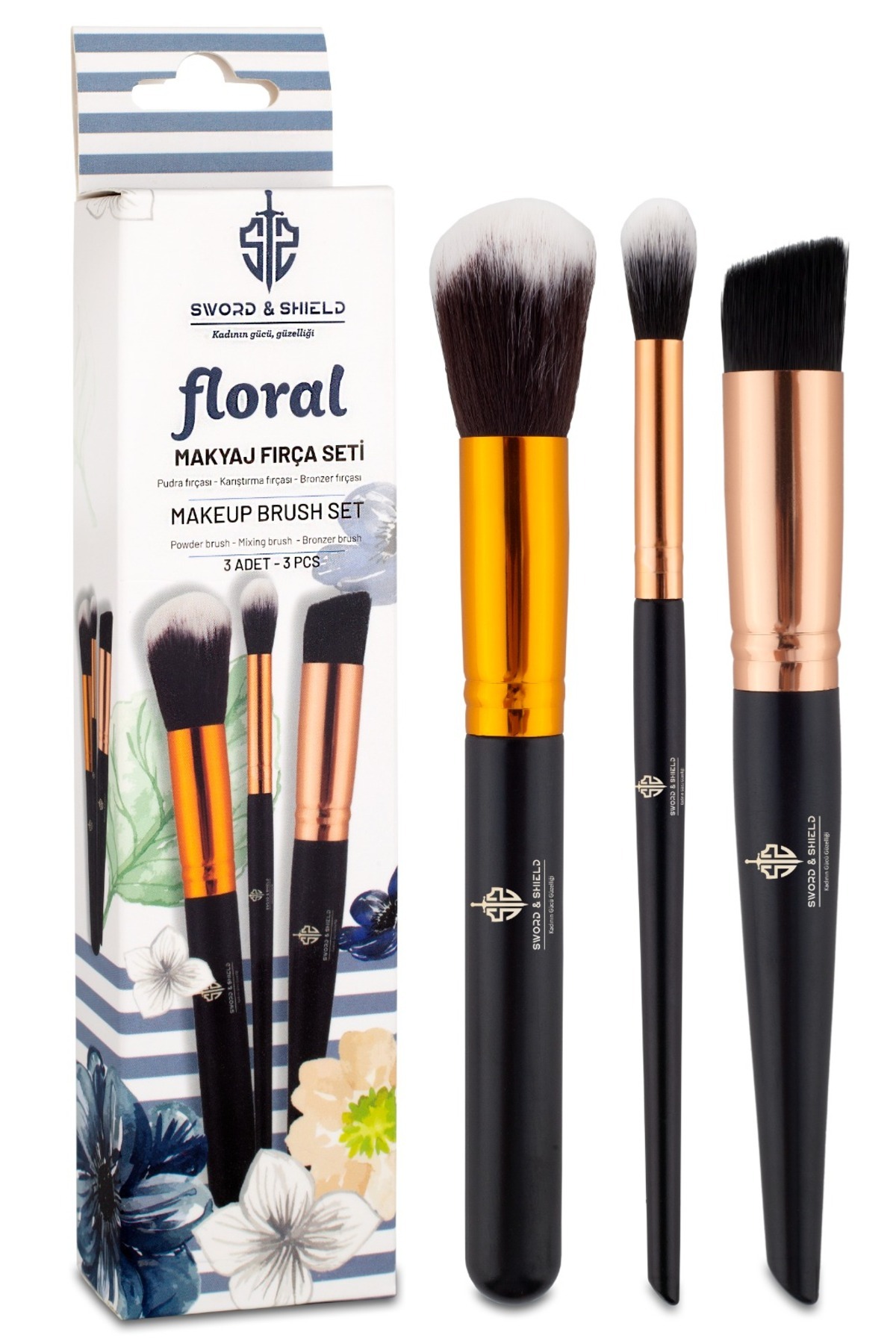 Sword & Shield Floral 3'lü Profesyonel Makyaj Fırça Seti
