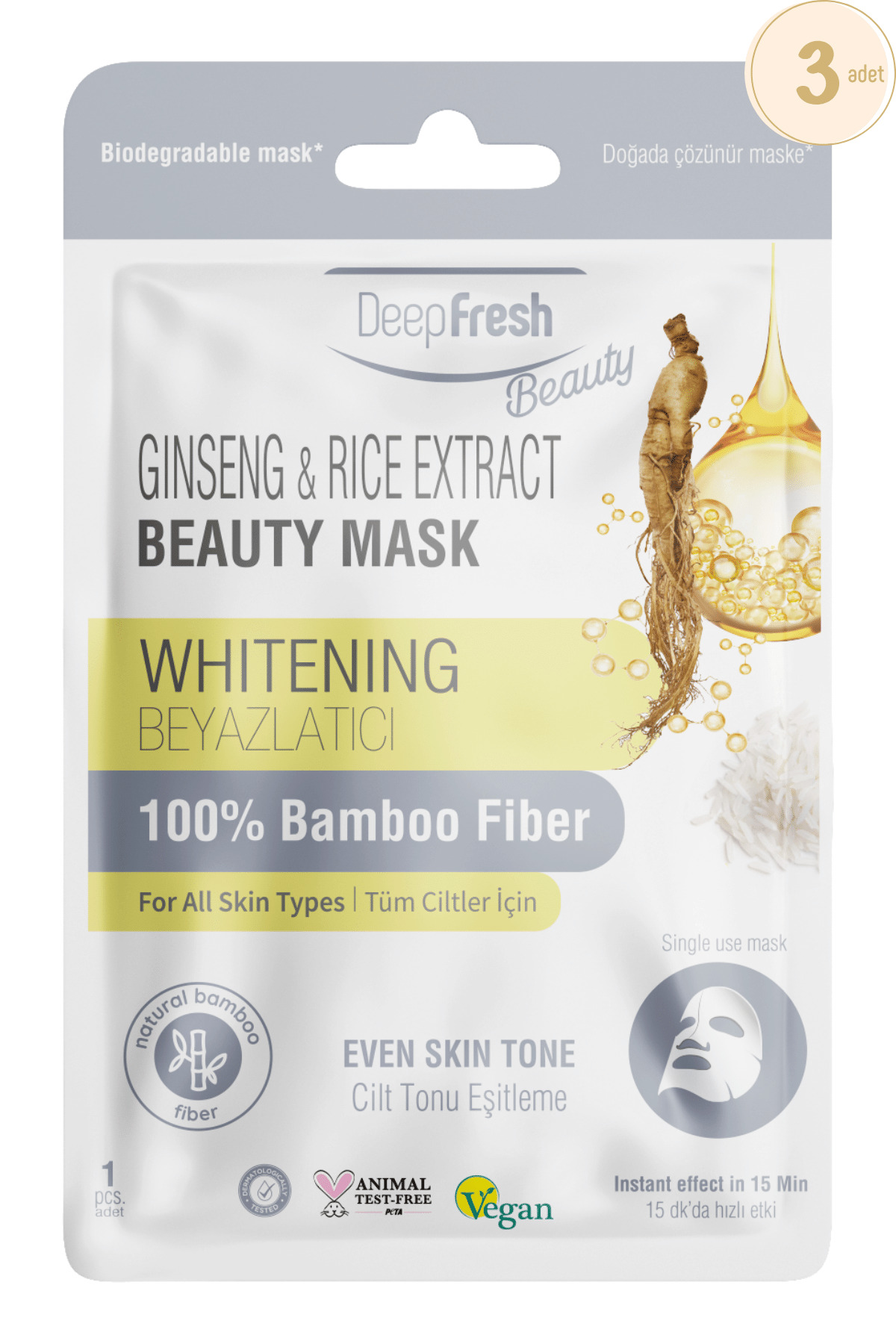 Deep Fresh Cilt Tonu Eşitleyici Kağıt Maske 3 Adet | Ginseng Ve Rice | Beyazlatıcı