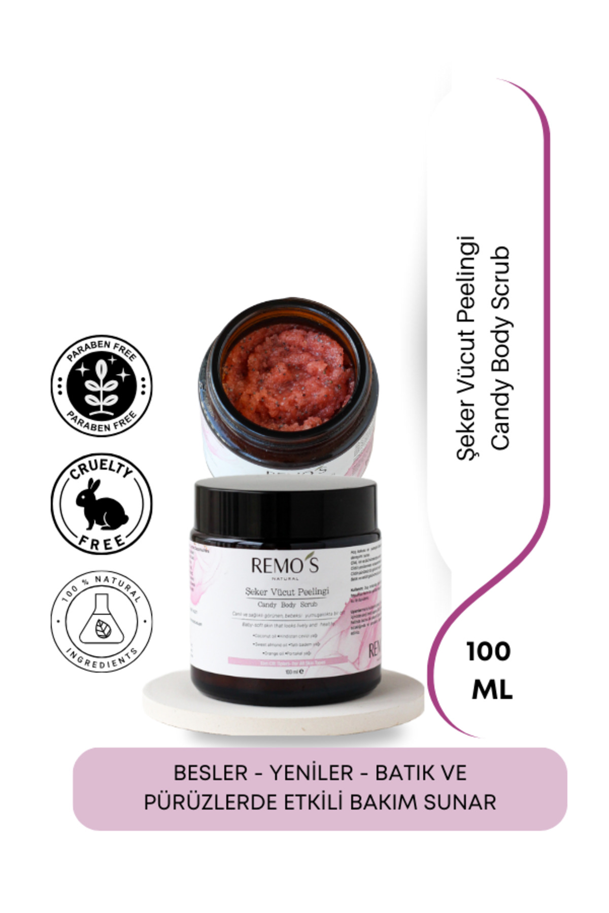 RemosNatural Şeker Vücut Peelingi 100 Ml - Canlı Ve Sağlıklı Görünen, Bebeksi Yumuşaklıkta Bir Cilt