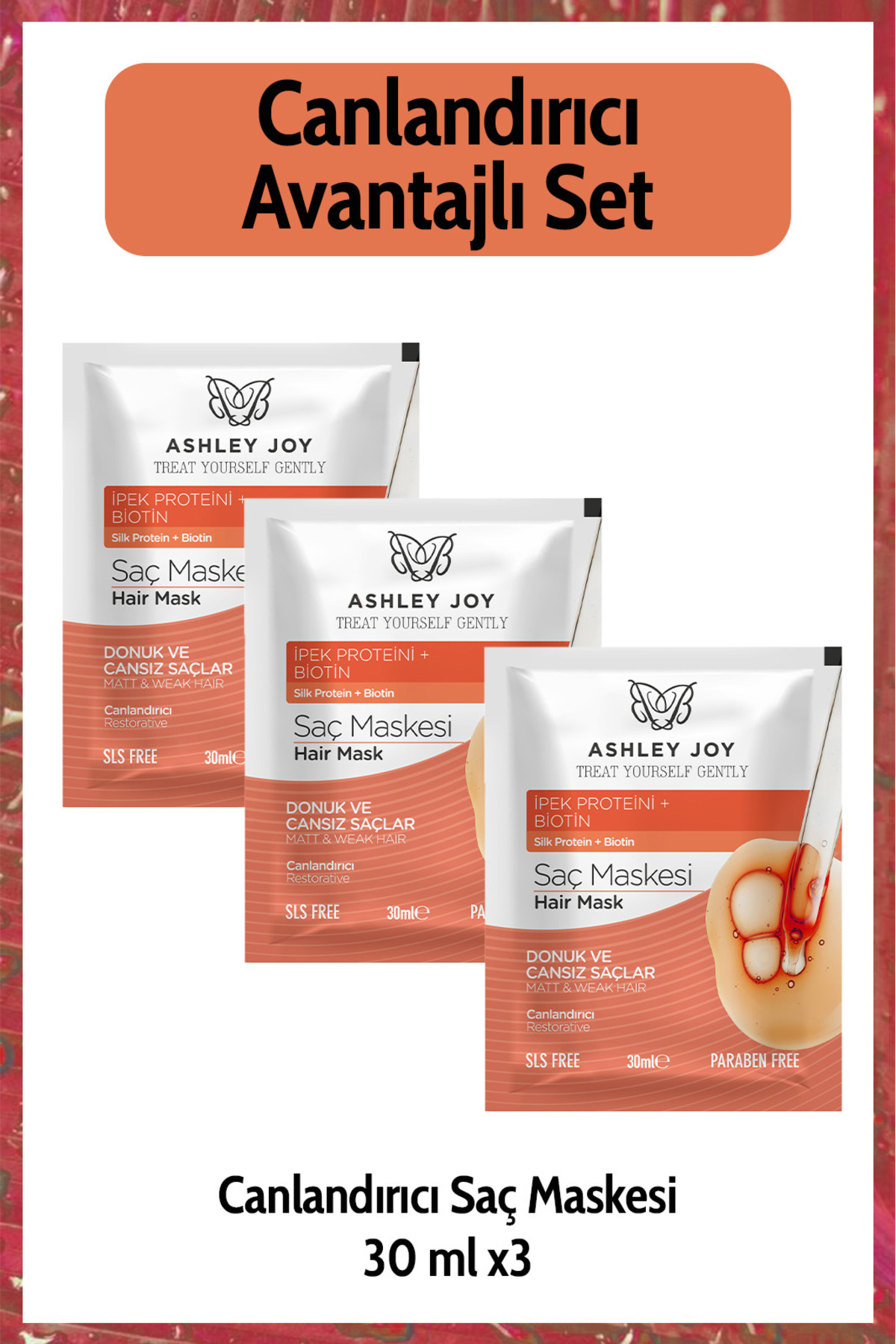 ASHLEY JOY Donuk Ve Cansız Saçlara Özel Canlandırıcı Saç Maskesi 30 ml 3 Adet Avantajlı Set