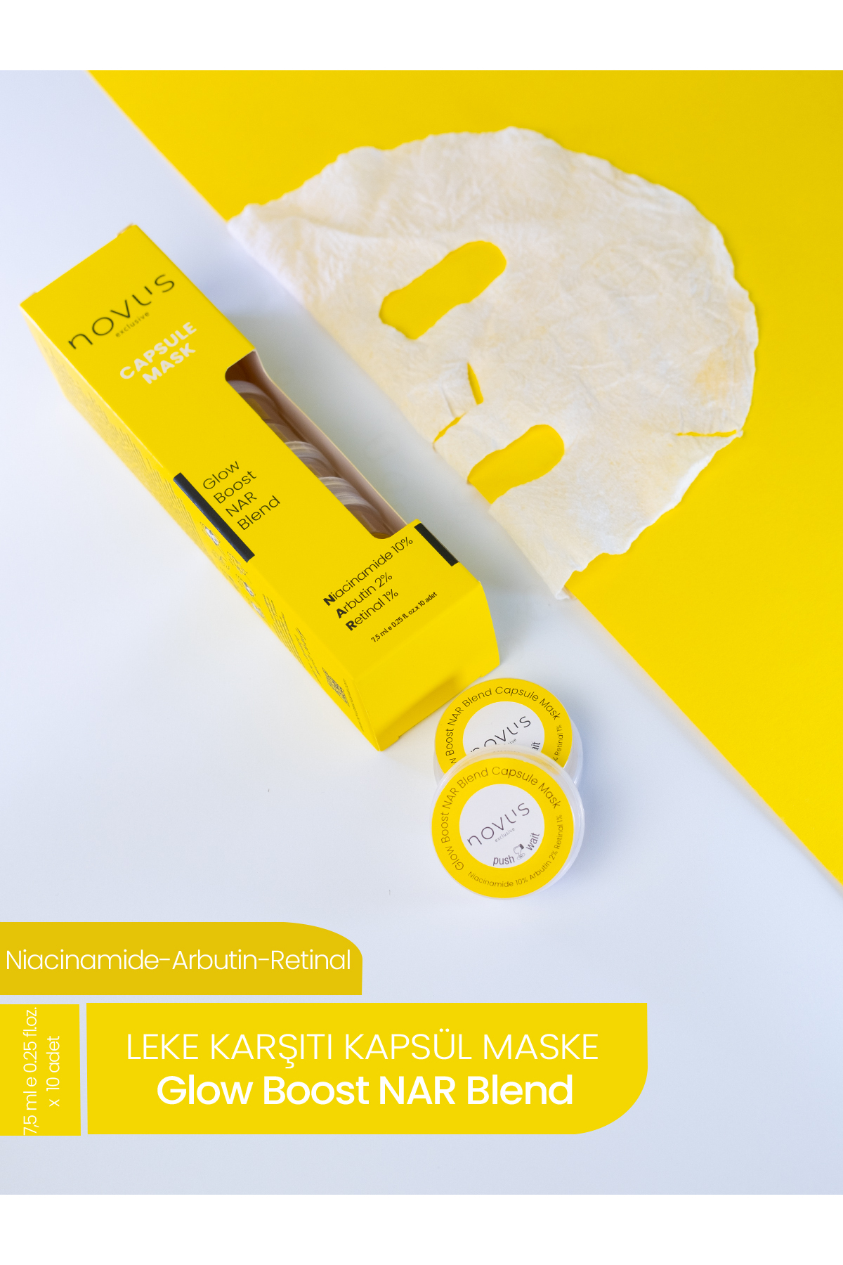 novus exclusive Niacinamide 10% Arbutin 2% Retinal 1% Glow Boost Leke Karşıtı Kapsül Yüz Maskesi 10 Adet