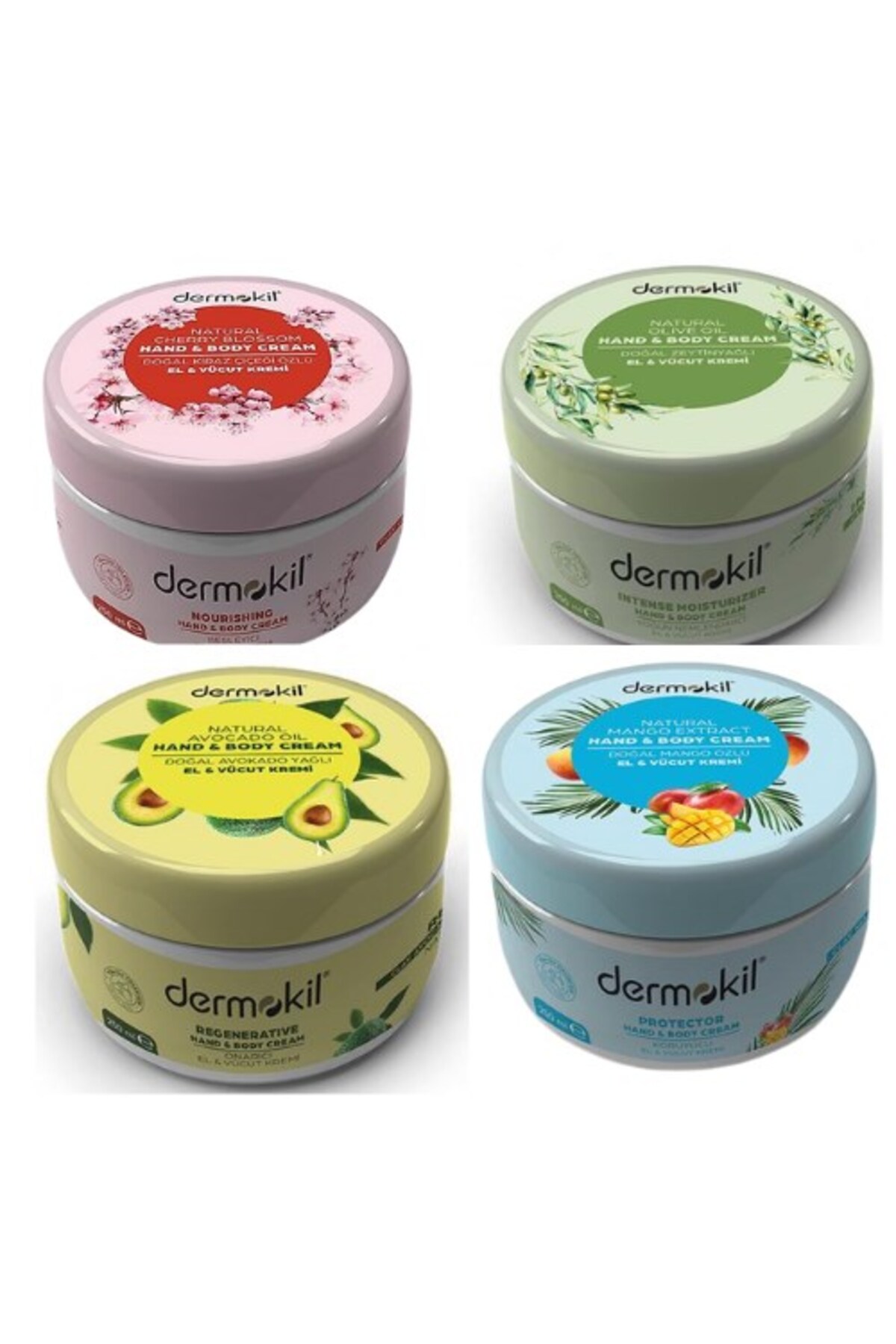 Dermokil DERMOKİL Avokado Kiraz Çiçeği Mango Özlü Zeytinyağı El ve Vücut Kremi 250 ml 4 Lü Set