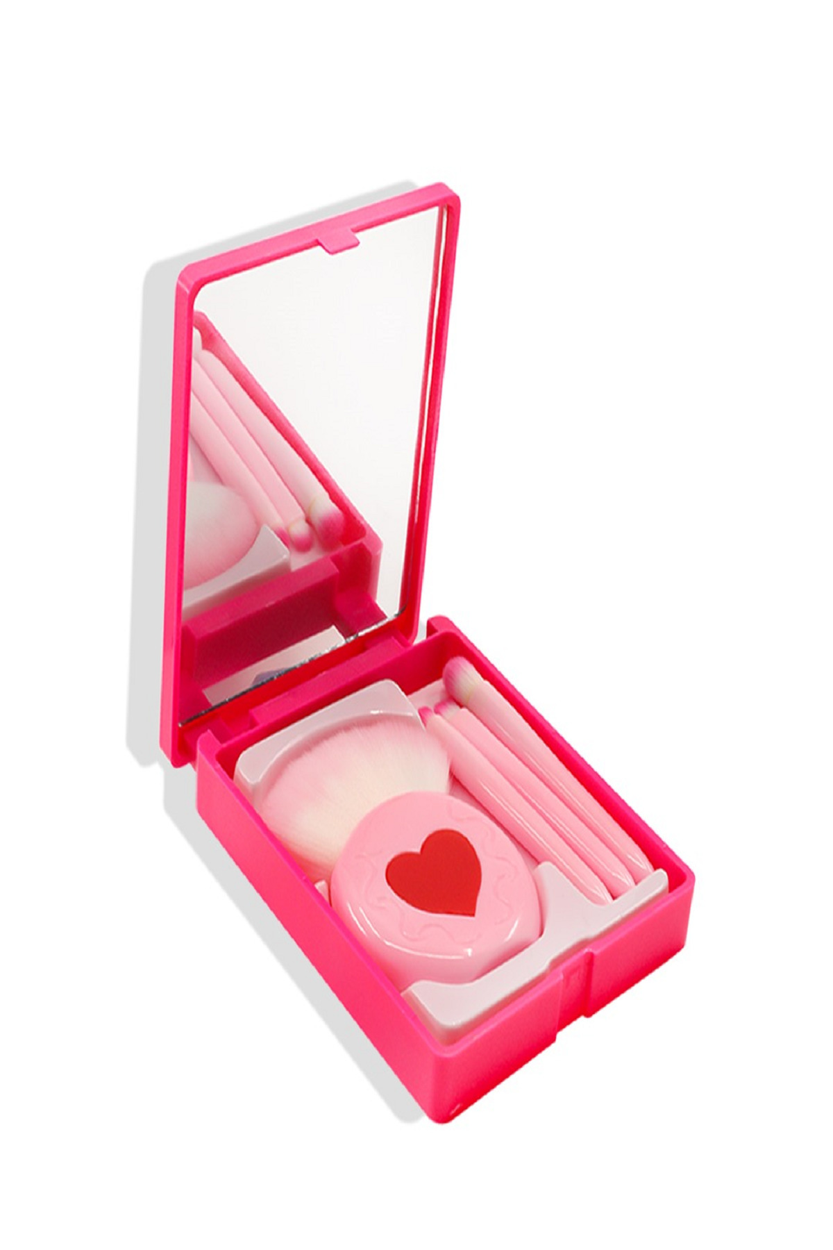 aks kozmetik AYNALI KUTULU 4'lü Makyaj Fırça Seti :ALLIK,RUJ VE DUDAK,GÖLGE,FAR Makyaj Fırçaları KOYU PEMBE