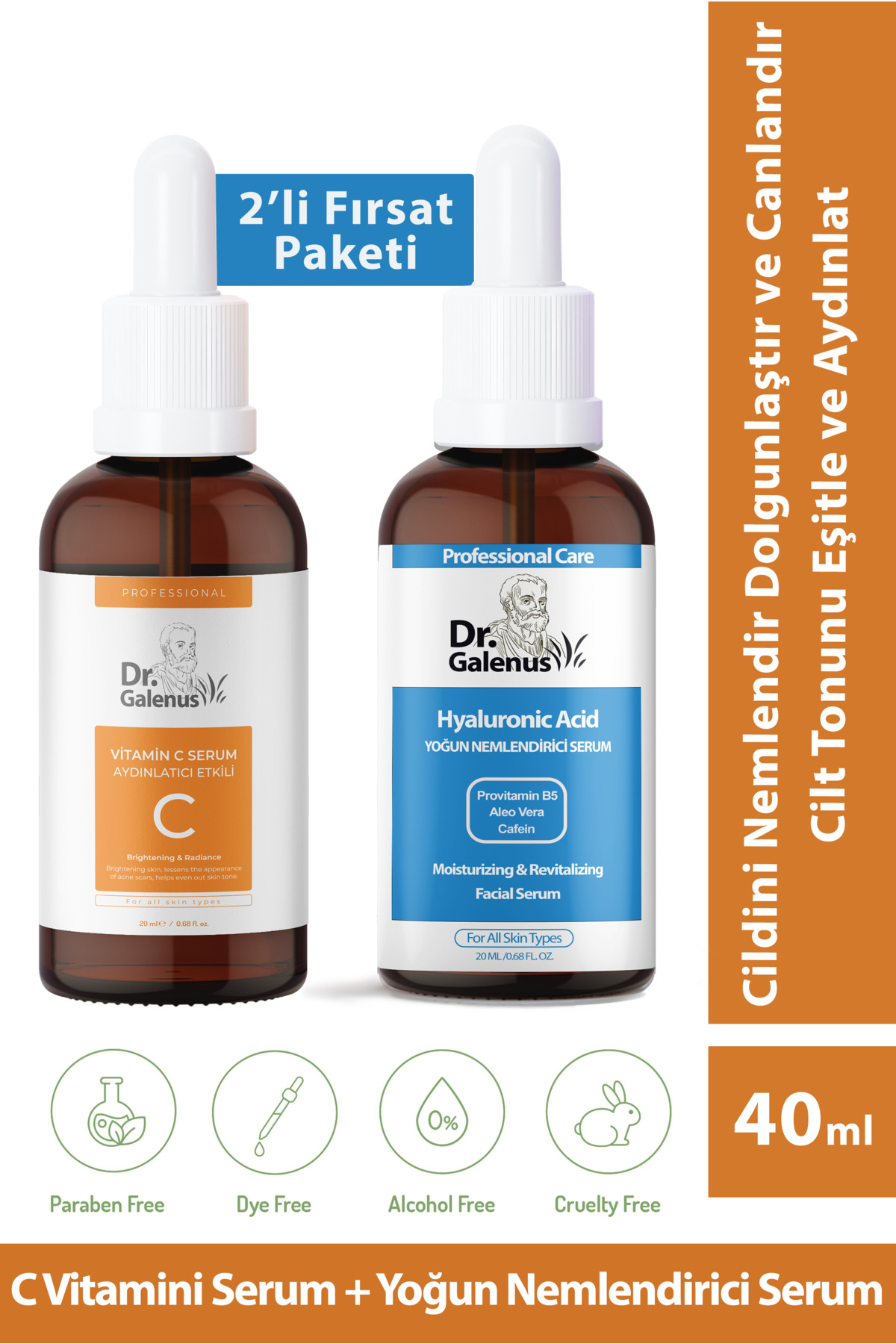 Dr. Galenus Aydınlatıcı Ve Ton Eşitleyici C Vitamini Ve Yoğun Nemlendirici Ikili Bakım Serum Seti (40 ML)