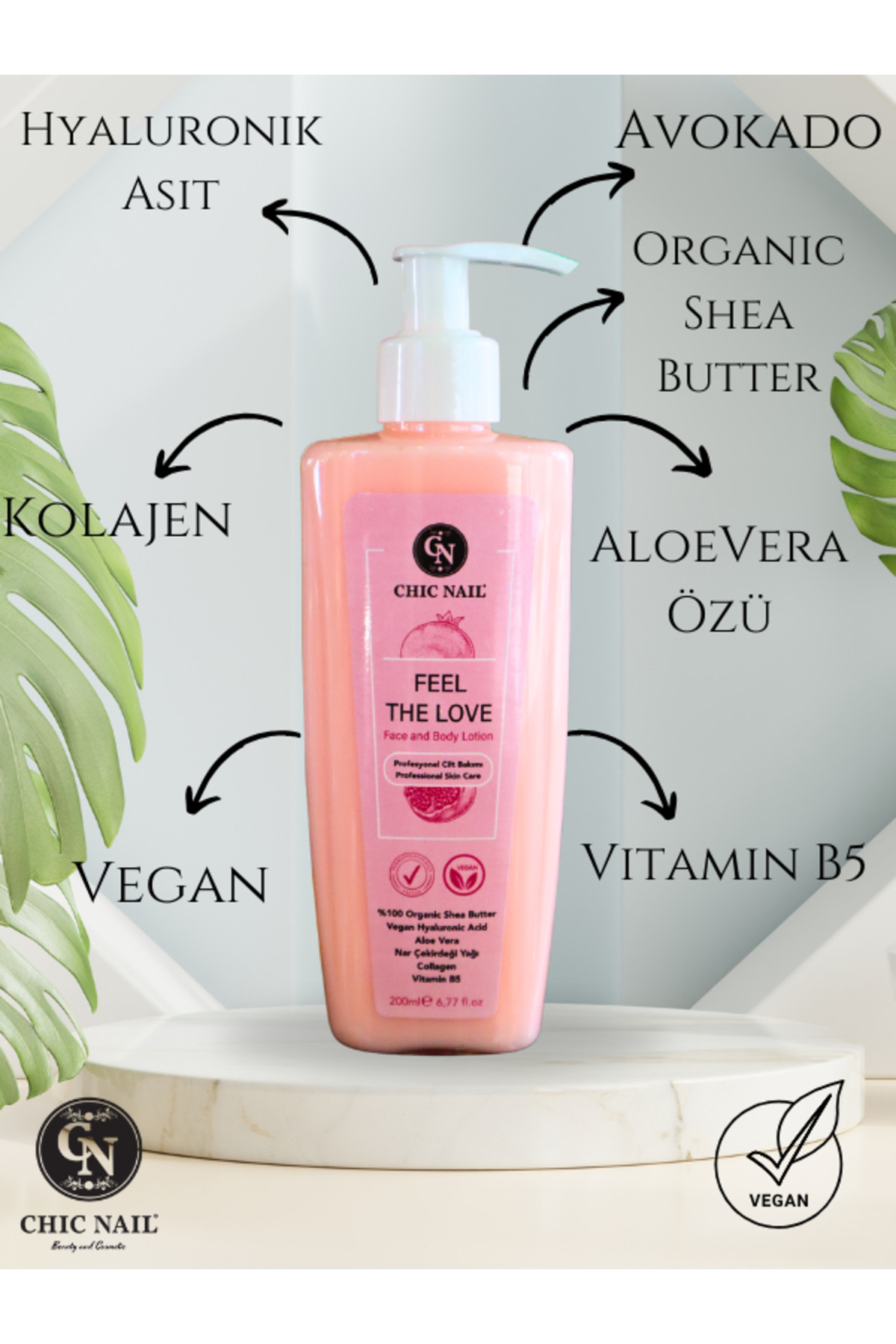 Chic Nail Vegan Yüz ve Vücut Losyonu Feel The Love - Collagen / Hyaluronik asit / AloeVera Özü / Avokado Yağı