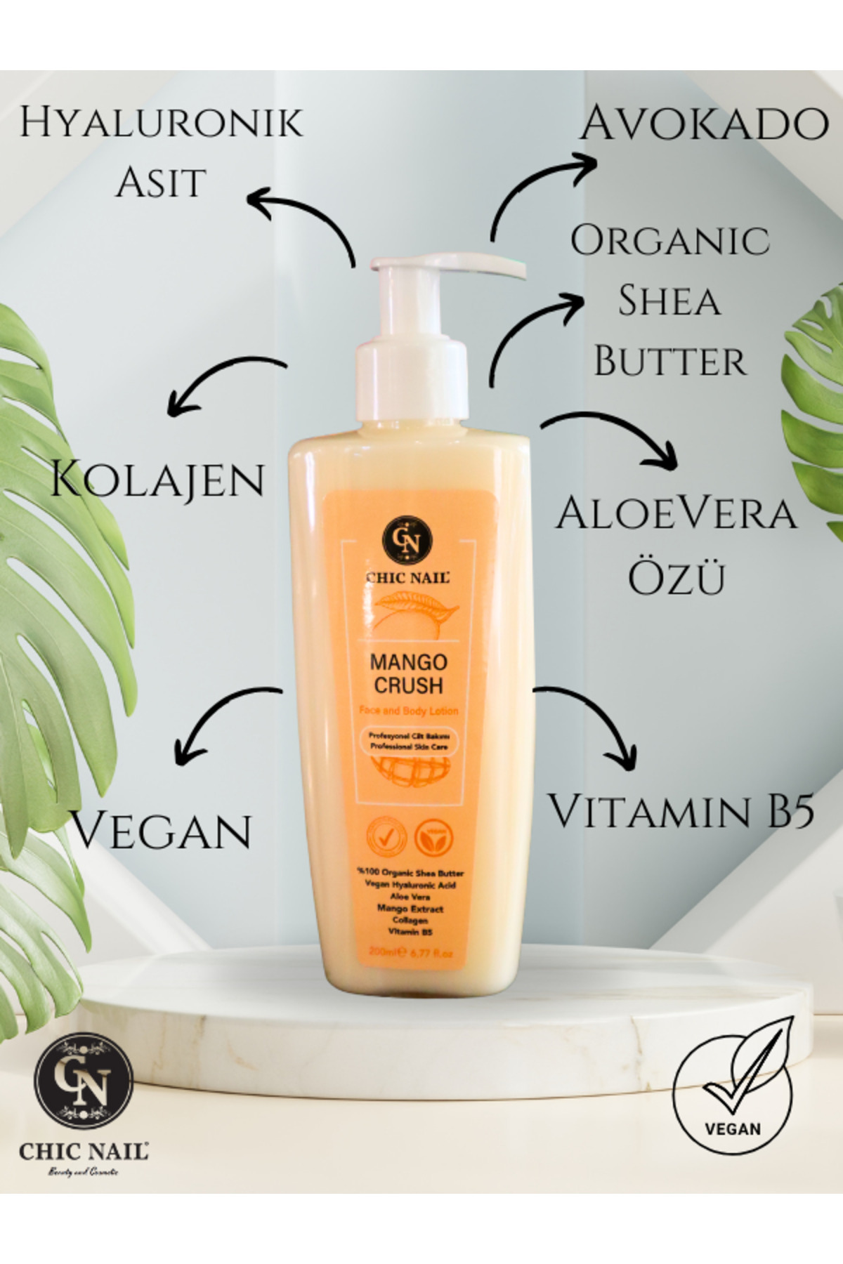 Chic Nail Vegan Yüz ve Vücut Losyonu Mango Crush - Collagen / Hyaluronik asit / AloeVera Özü / Avokado Yağı